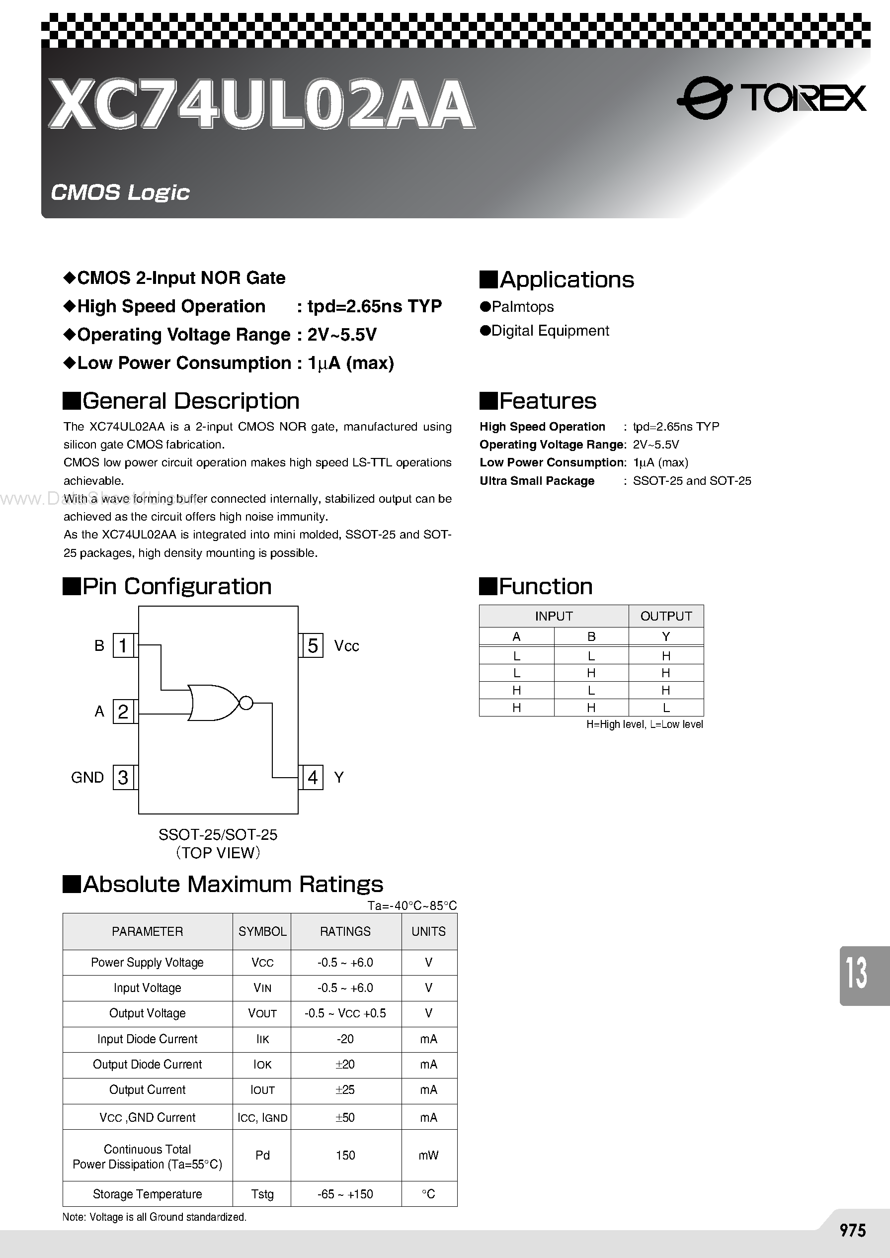 Datasheet XC74UL02AA - 2-input CMOS NOR gate page 1