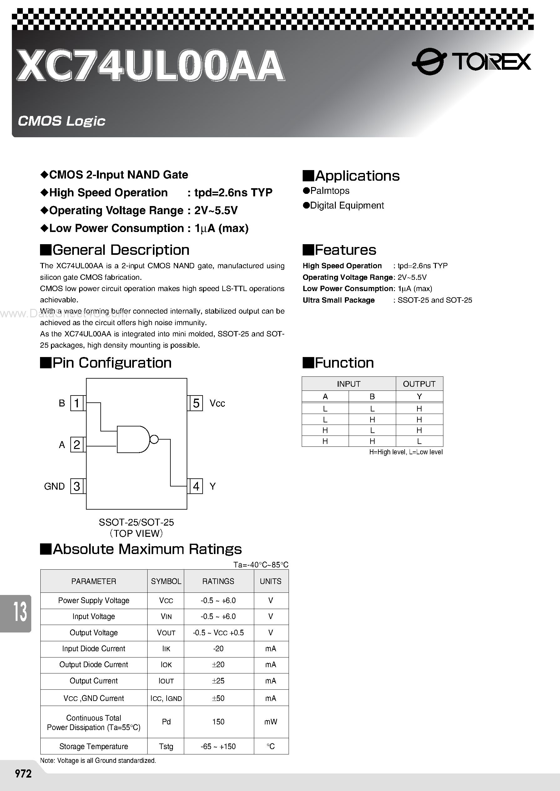 Datasheet XC74UL00AA - CMOS 2-Input NAND Gate page 1