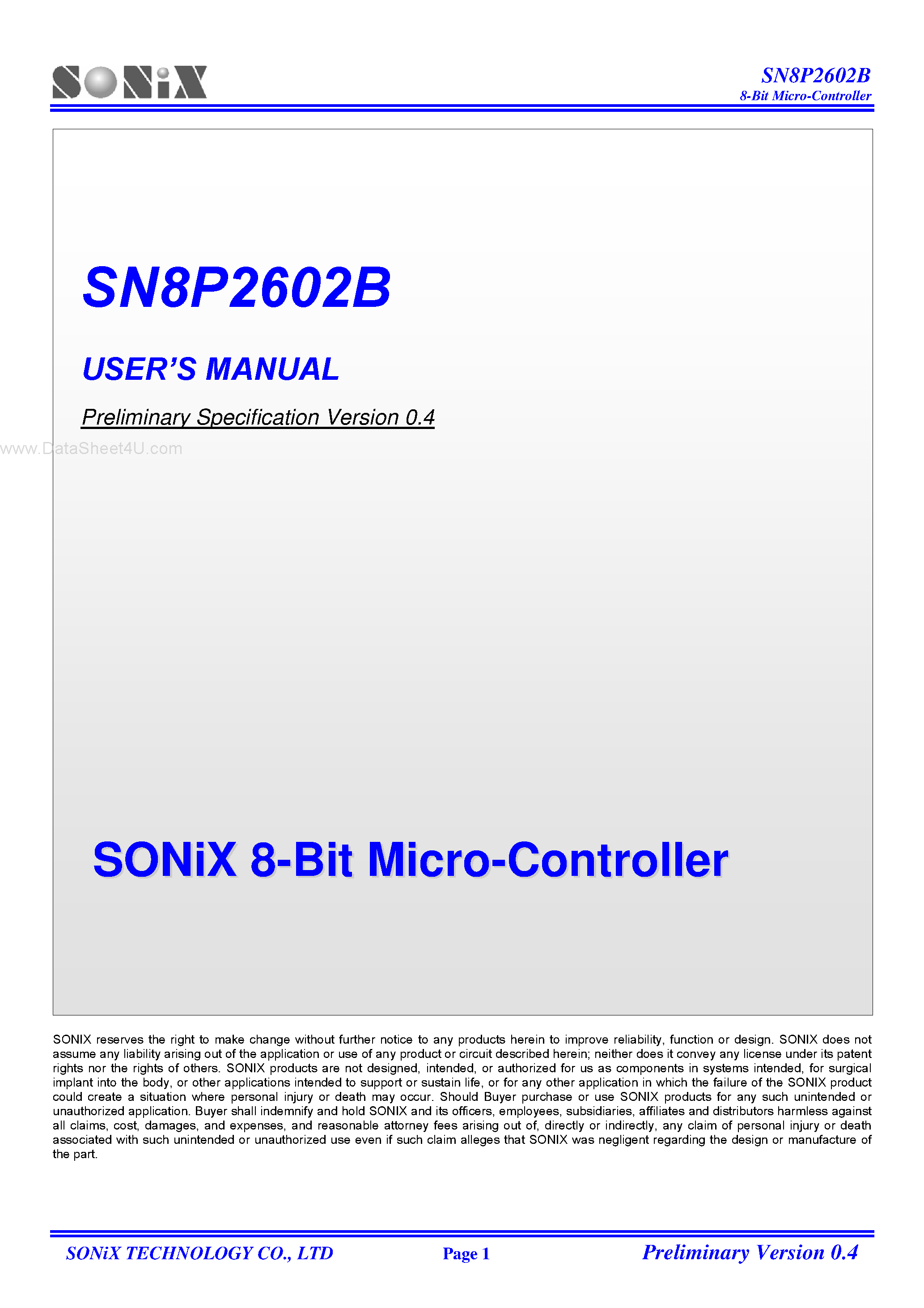 Datasheet SN8P2602B page 1 Datasheet SN8P2602B - 8-Bit Micro Controller page 1