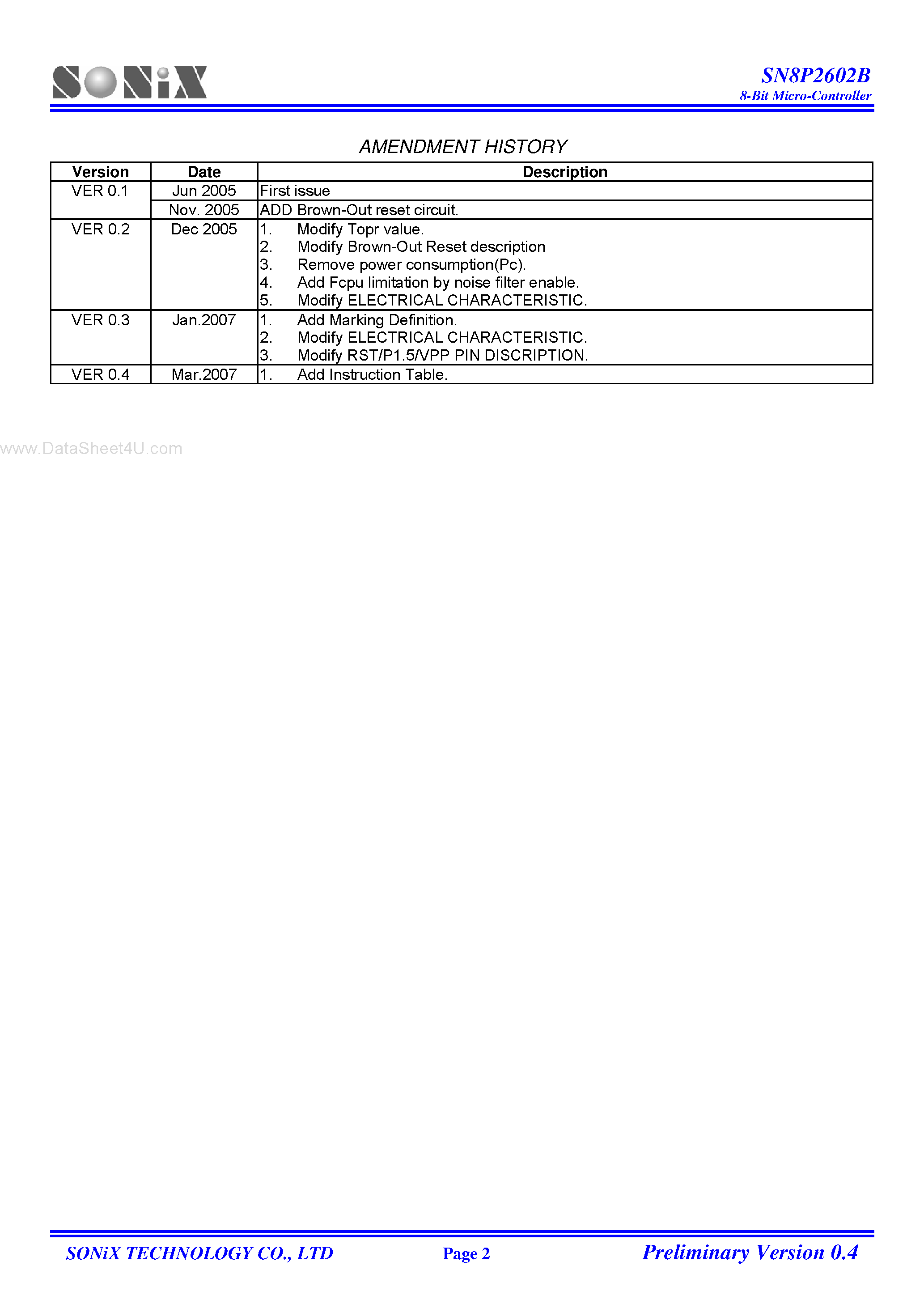 Datasheet SN8P2602B page 2 Datasheet SN8P2602B - 8-Bit Micro Controller page 2