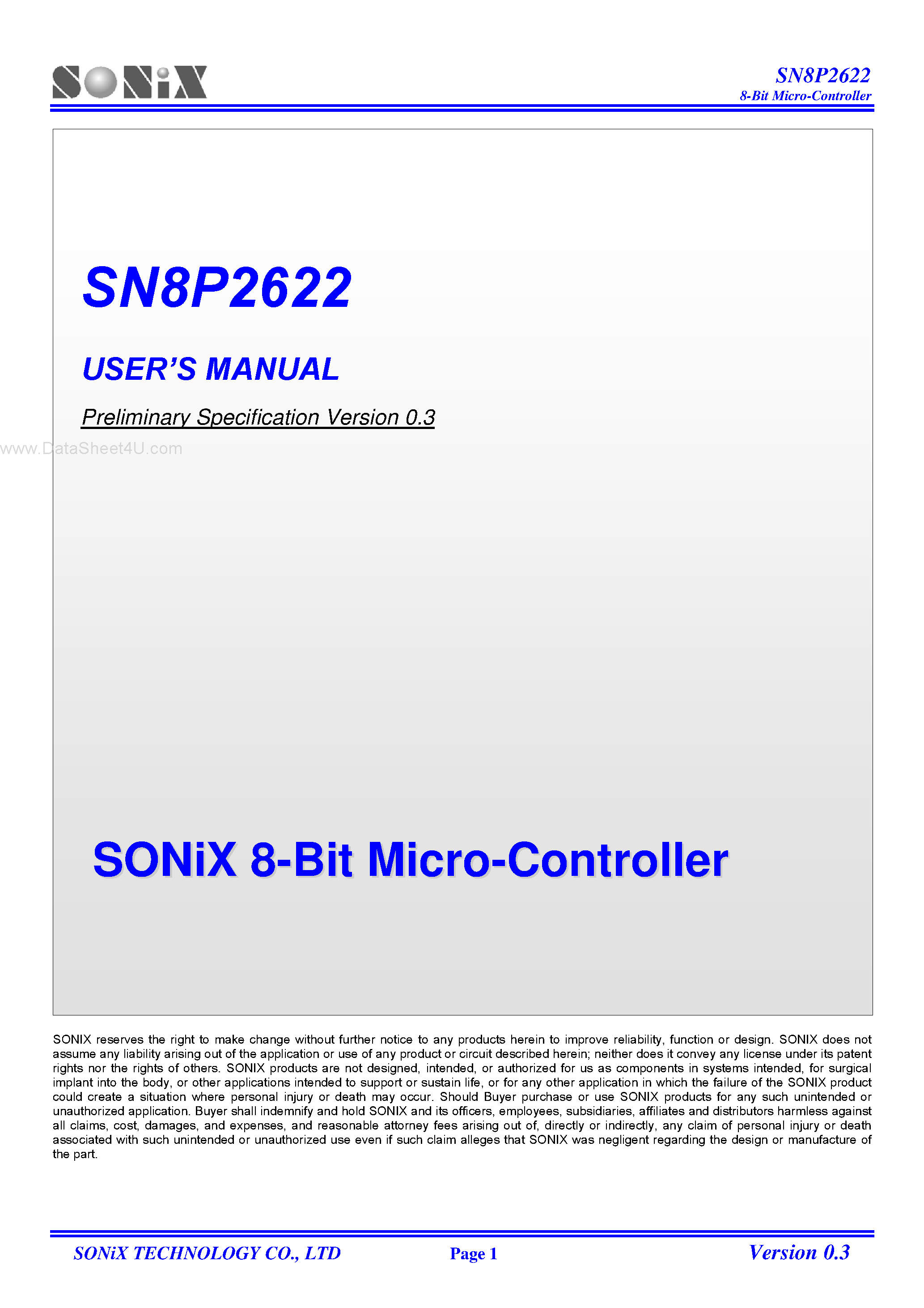 Datasheet SN8P2622 - 8-Bit Micro Controller page 1