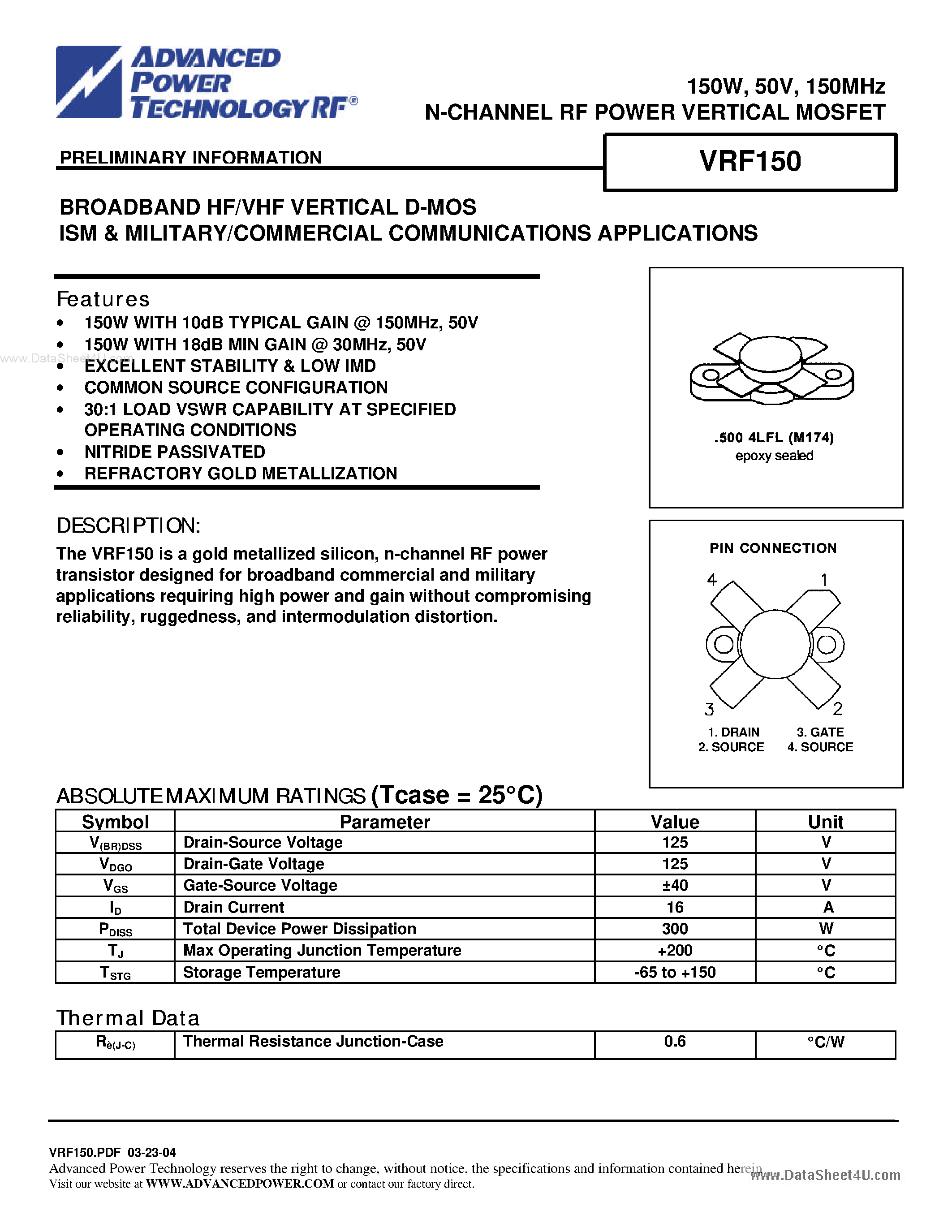 Datasheet VRF150 page 1 Datasheet VRF150 - N-CHANNEL RF POWER VERTICAL MOSFET page 1