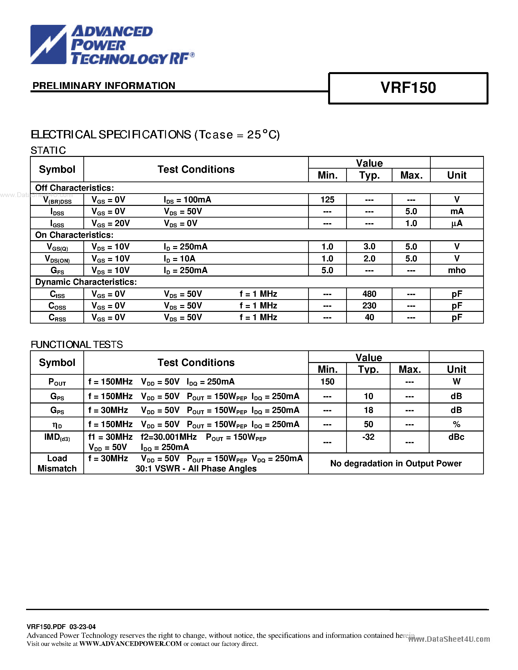Datasheet VRF150 page 2 Datasheet VRF150 - N-CHANNEL RF POWER VERTICAL MOSFET page 2