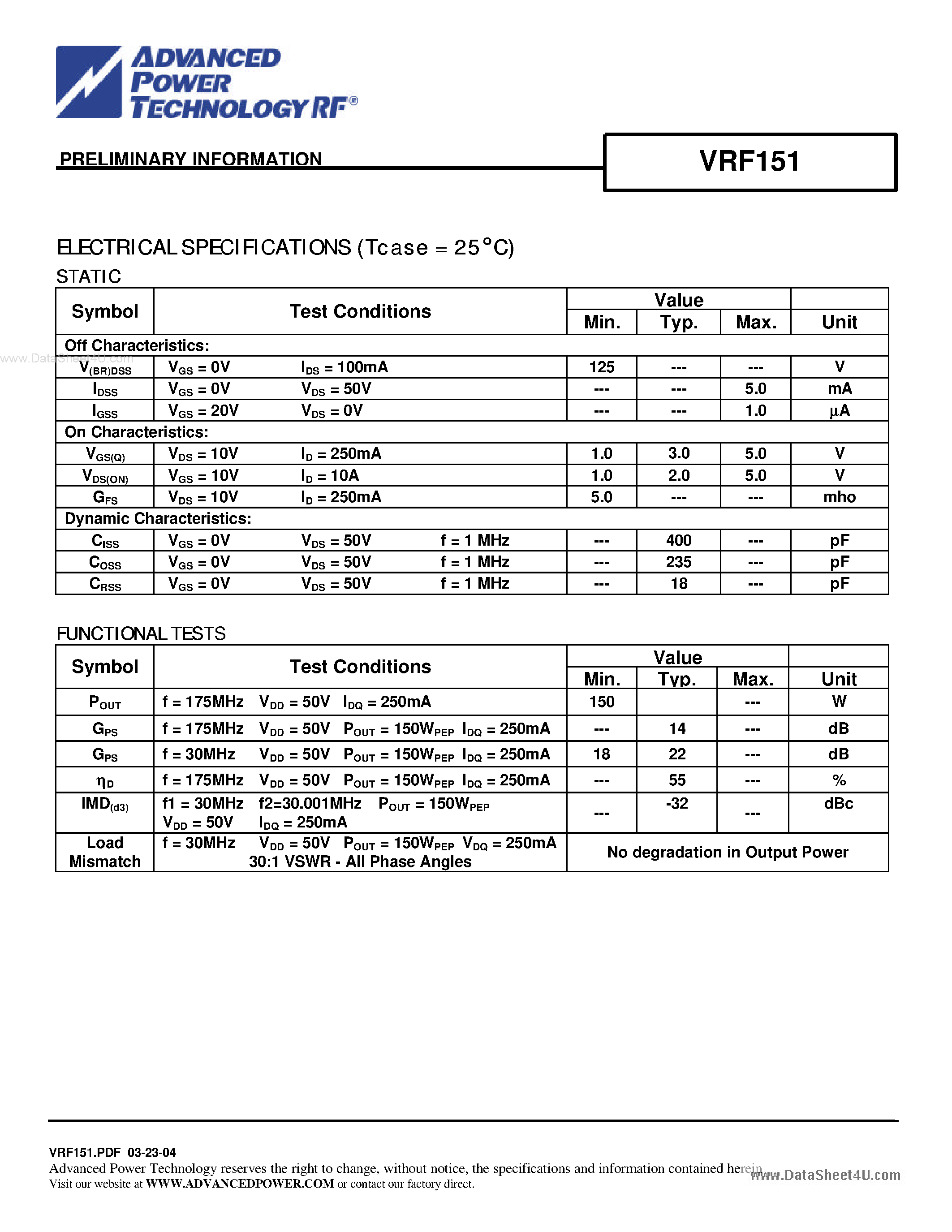 Datasheet VRF151 - N-CHANNEL RF POWER VERTICAL MOSFET page 2