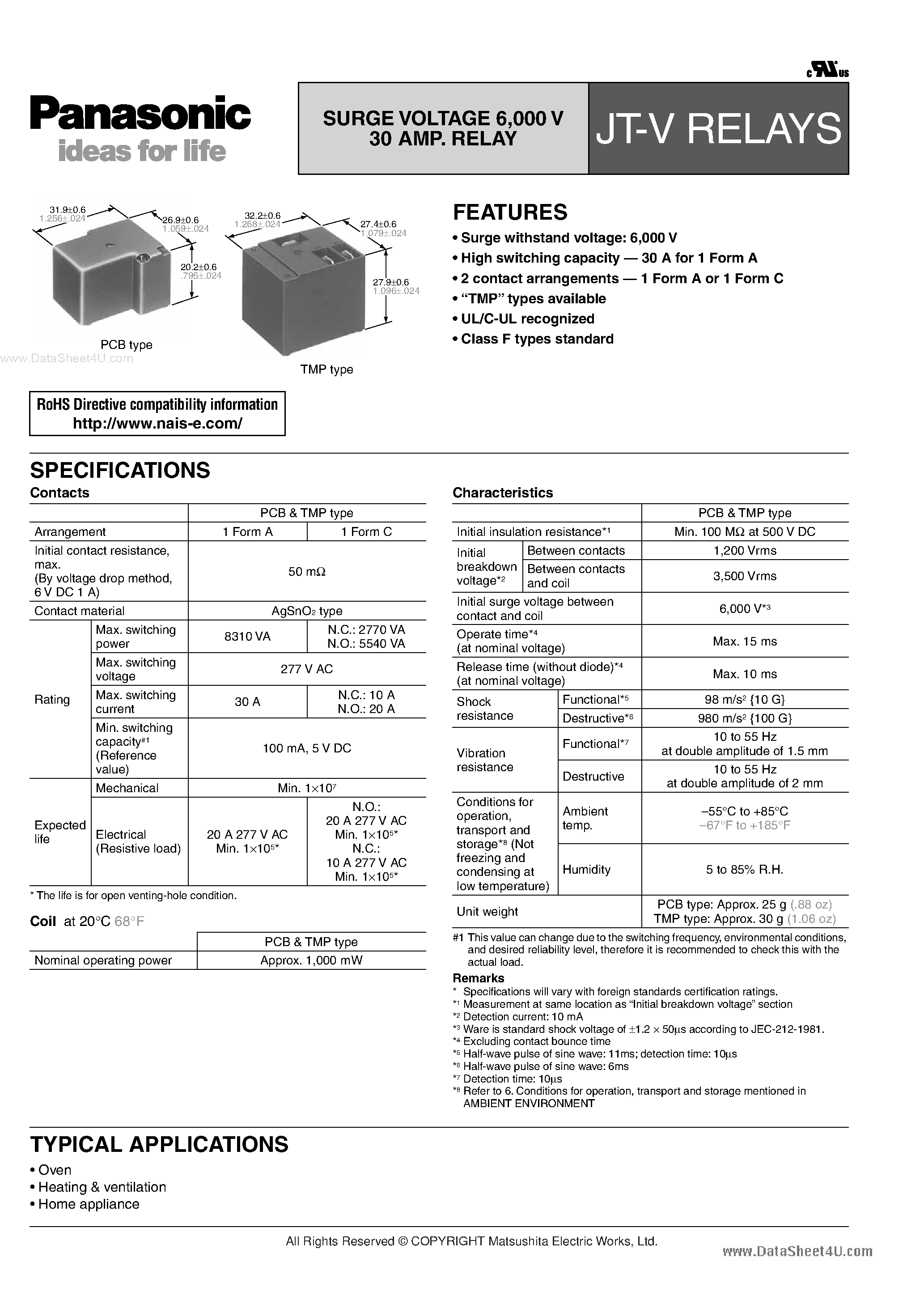 Datasheet JTV1AG-PA-xxV - High Capacity Power Relay page 1
