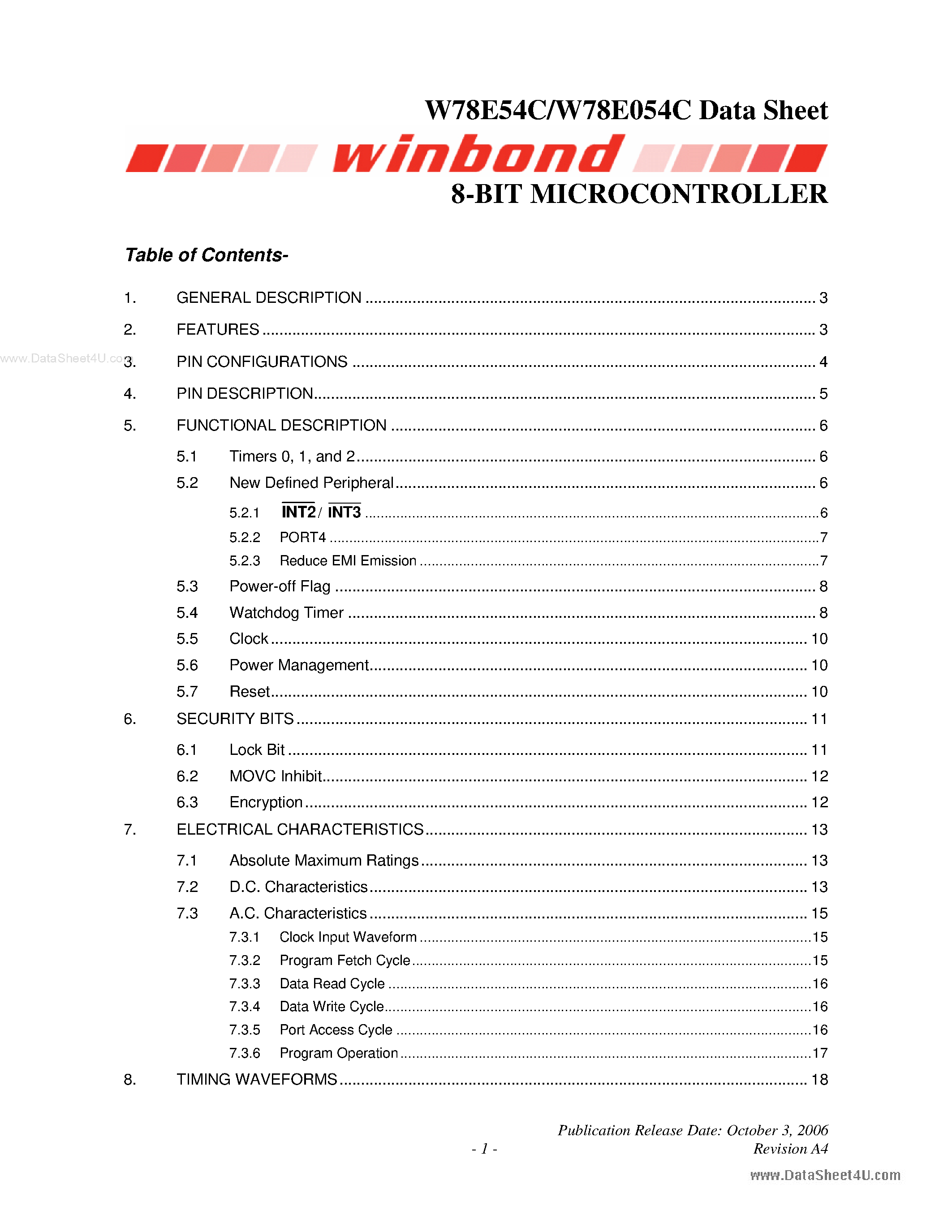 Datasheet W78E054C page 1 Datasheet W78E054C - 8-BIT MICROCONTROLLER page 1