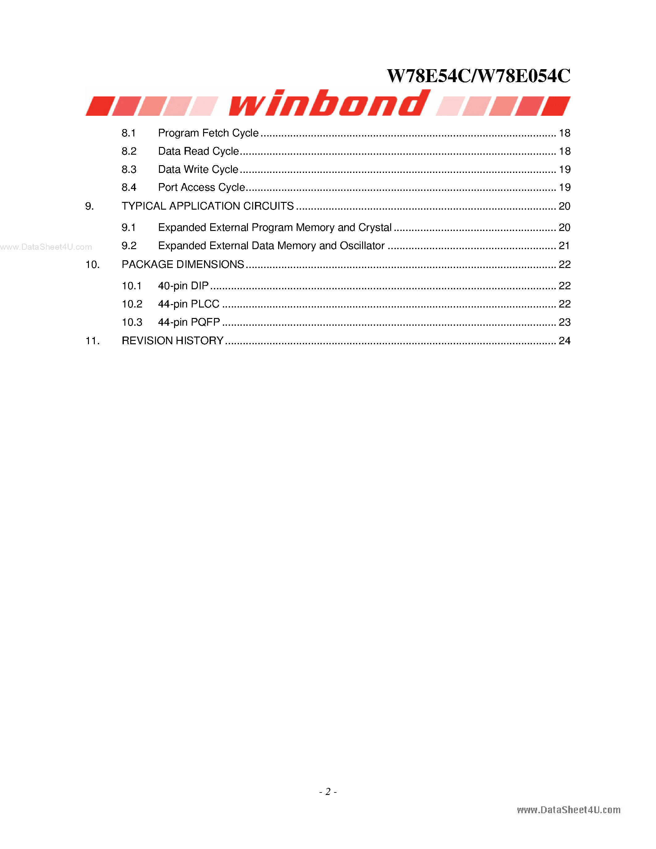 Datasheet W78E054C page 2 Datasheet W78E054C - 8-BIT MICROCONTROLLER page 2