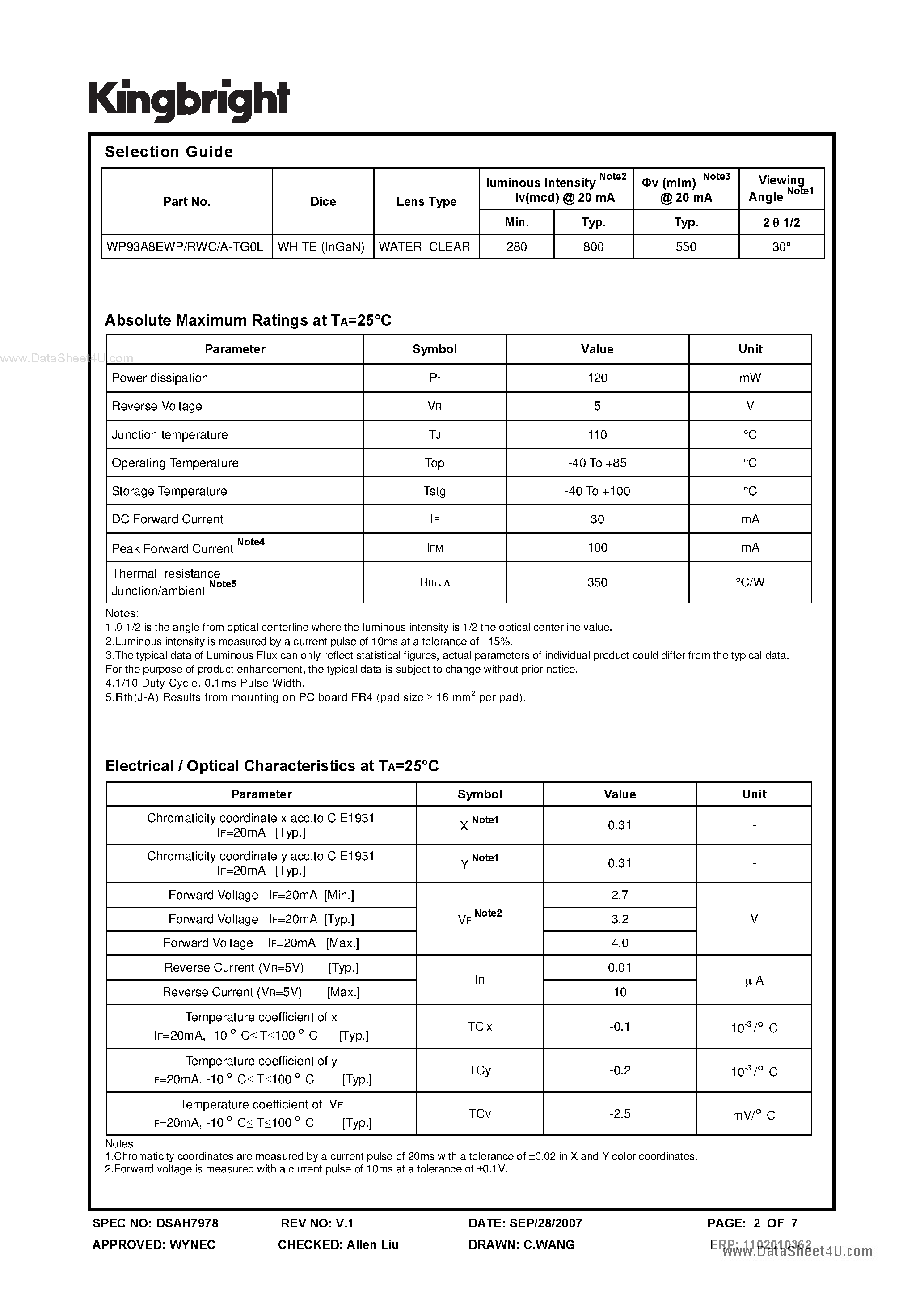 Даташит WP93A8EWP - T-1 (3mm) RIGHT ANGLE LED INDICATOR страница 2