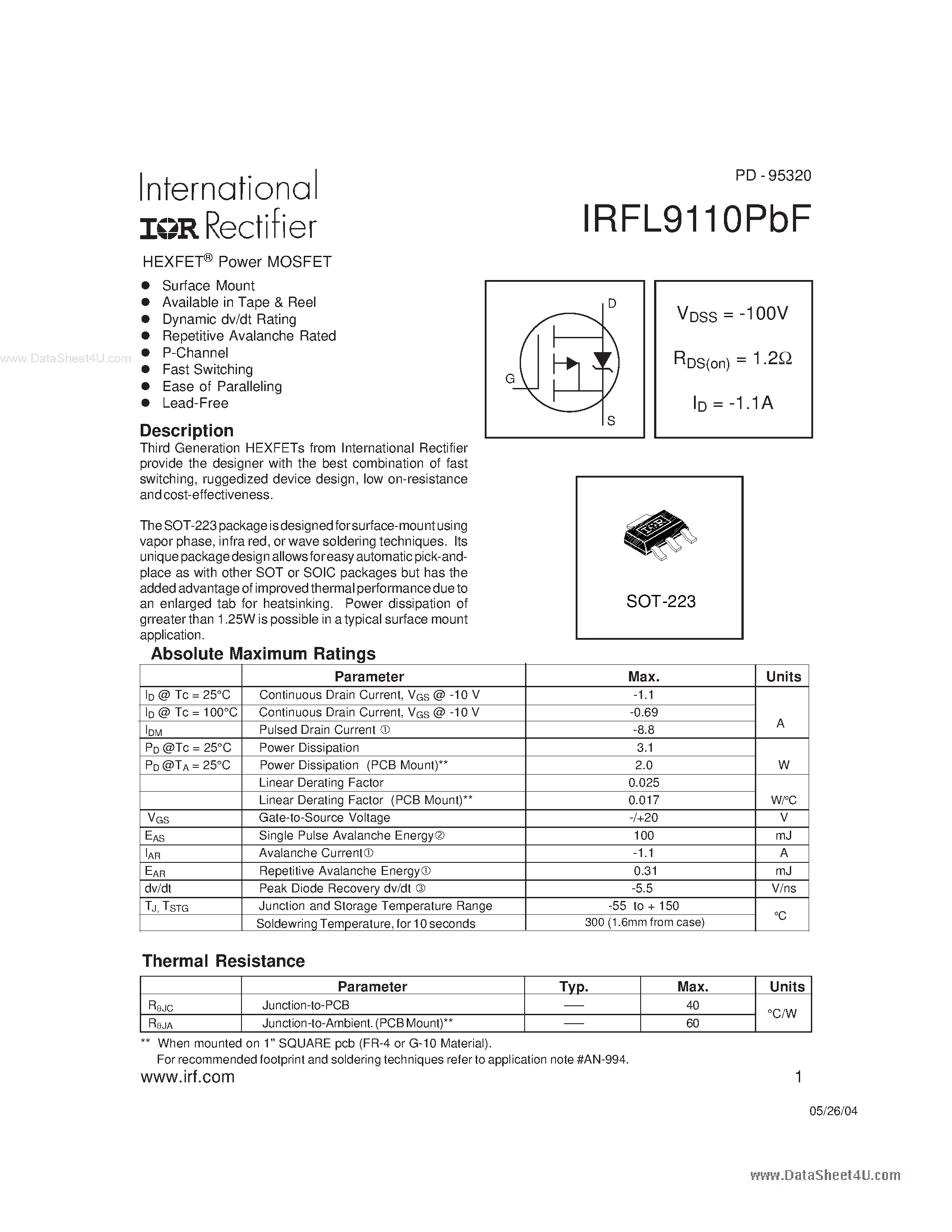 Datasheet IRFL9110PBF - HEXFET Power MOSFET page 1