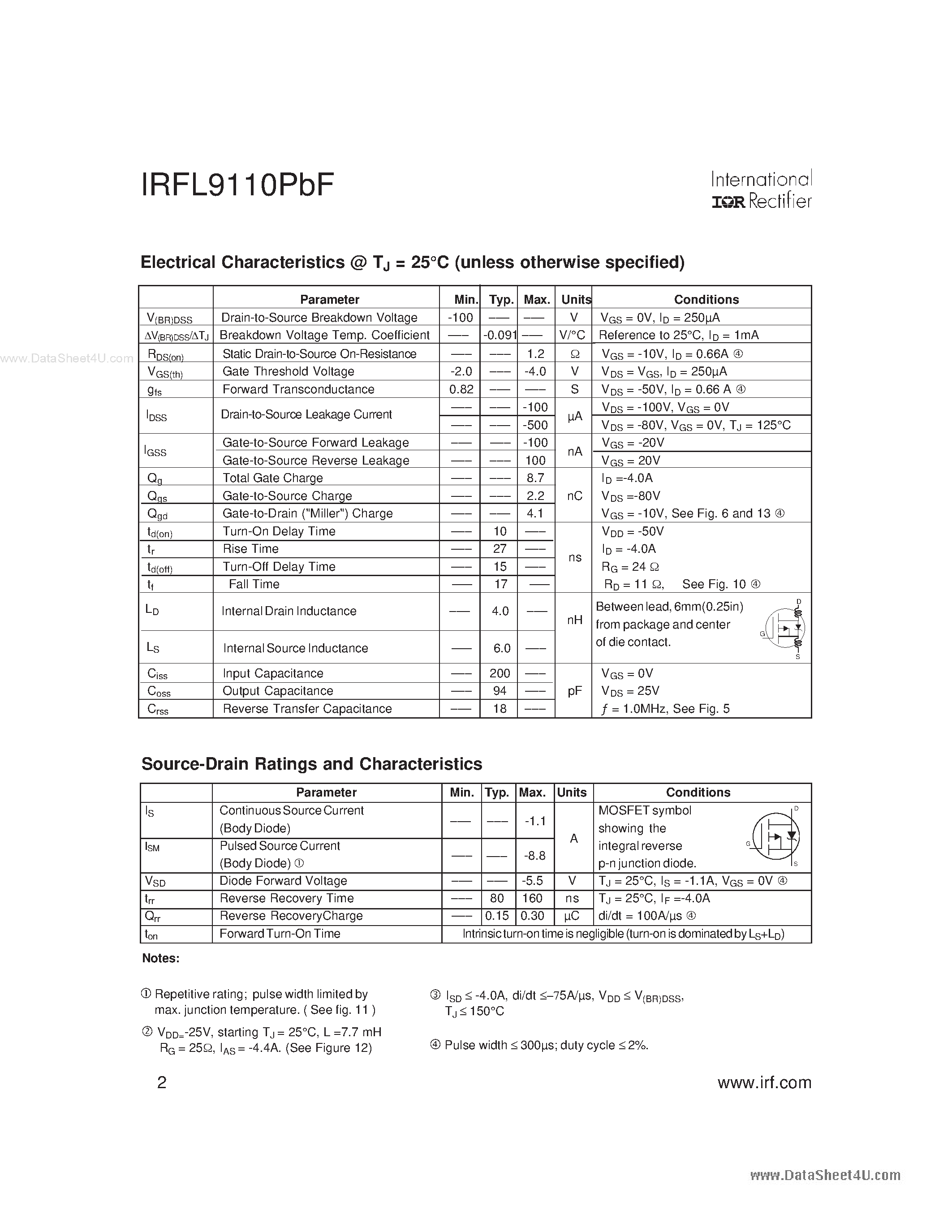 Datasheet IRFL9110PBF - HEXFET Power MOSFET page 2