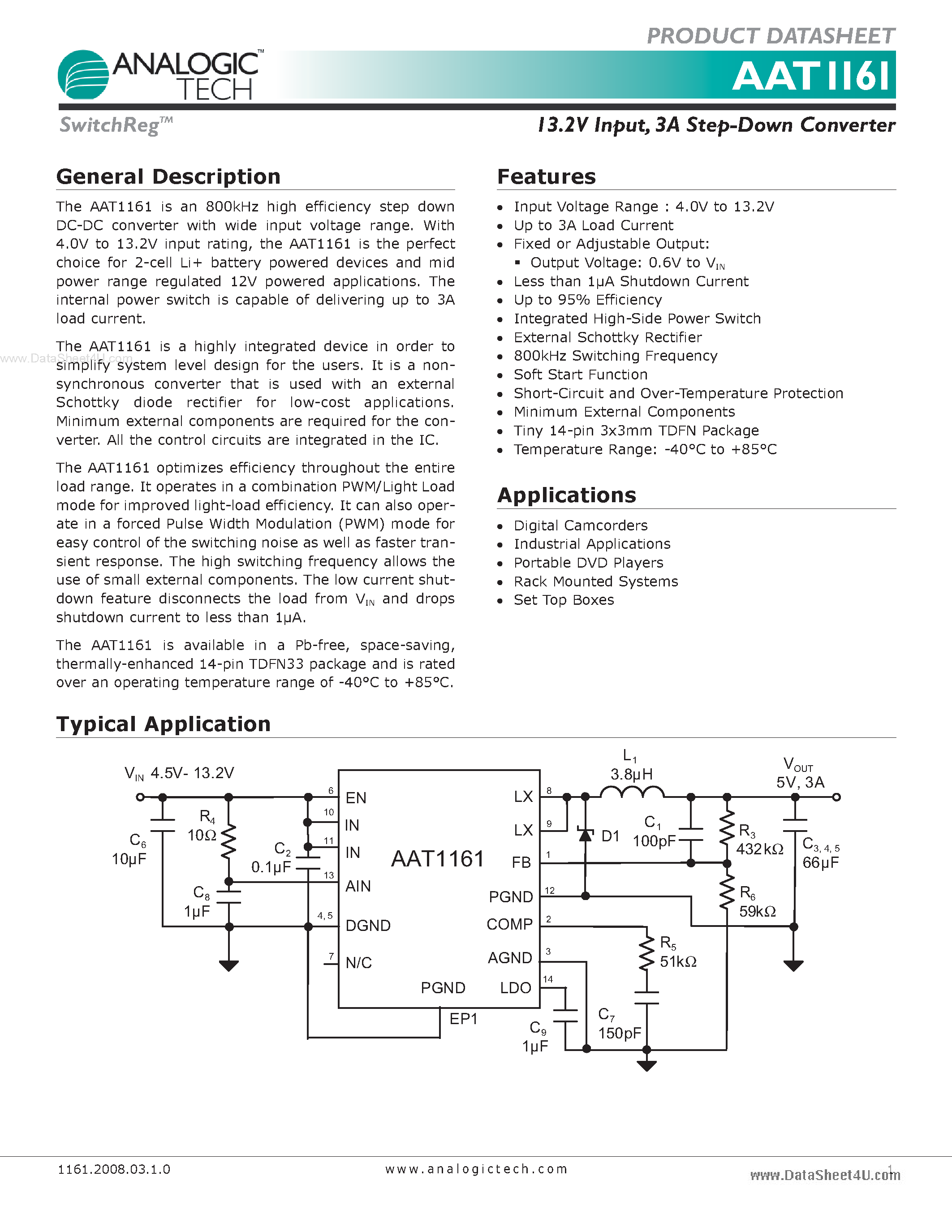 Datasheet AAT1161 page 1 Datasheet AAT1161 - 3A Step-Down Converter page 1