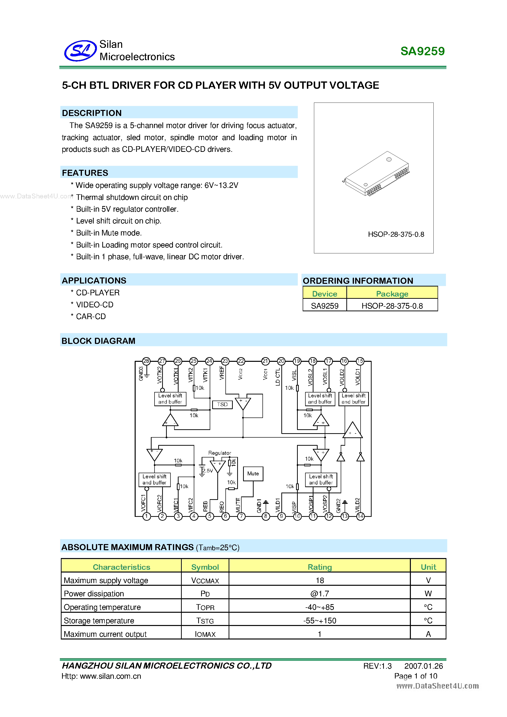 Datasheet SA9259 - 5-Channel BTL Driver page 1