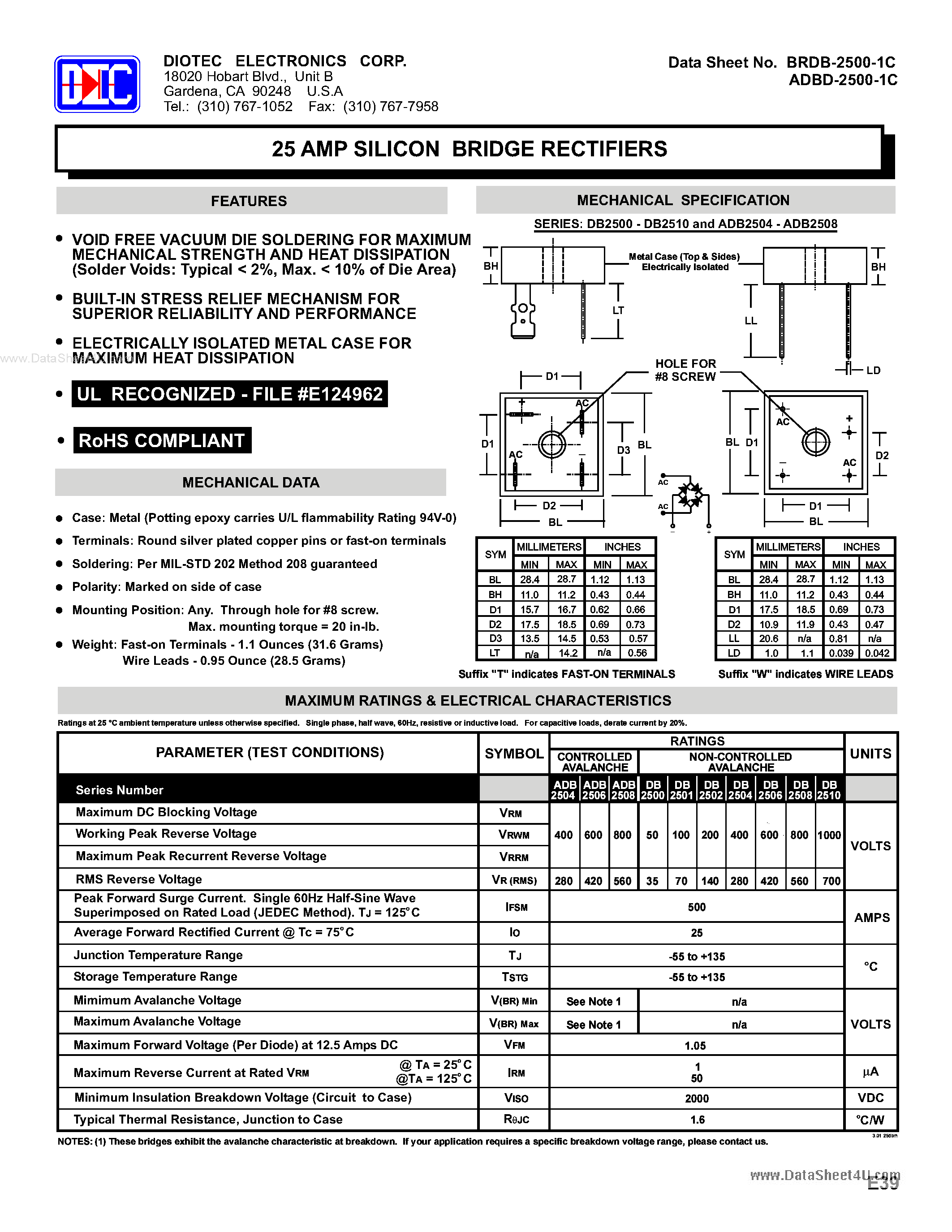 Даташит на микросхему ADB2504 страница 1 Даташит ADB2504 - (ADB2504 - ADB2508) 25 AMP SILICON BRIDGE RECTIFIERS страница 1