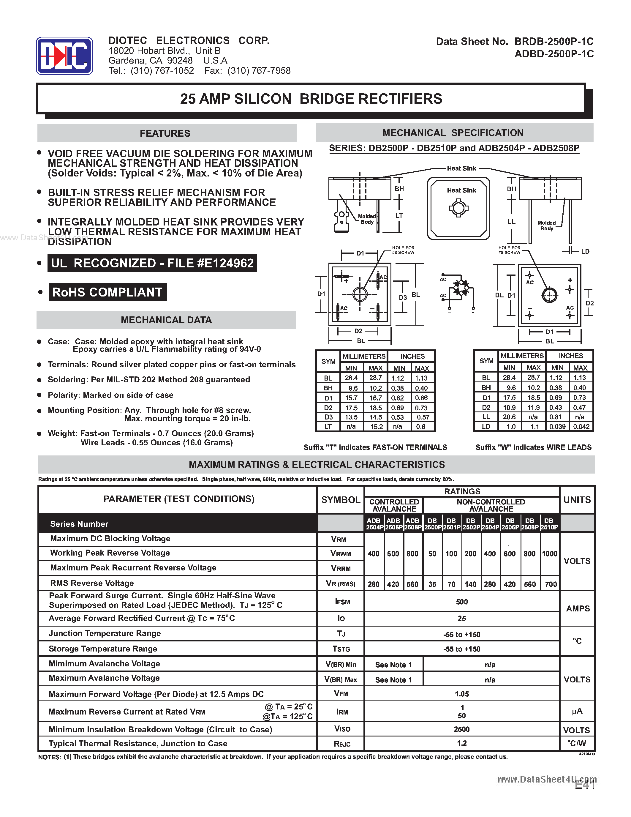 Datasheet ADB2504P page 1 Datasheet ADB2504P - (ADB2504P - ADB2508P) 25 AMP SILICON BRIDGE RECTIFIERS page 1