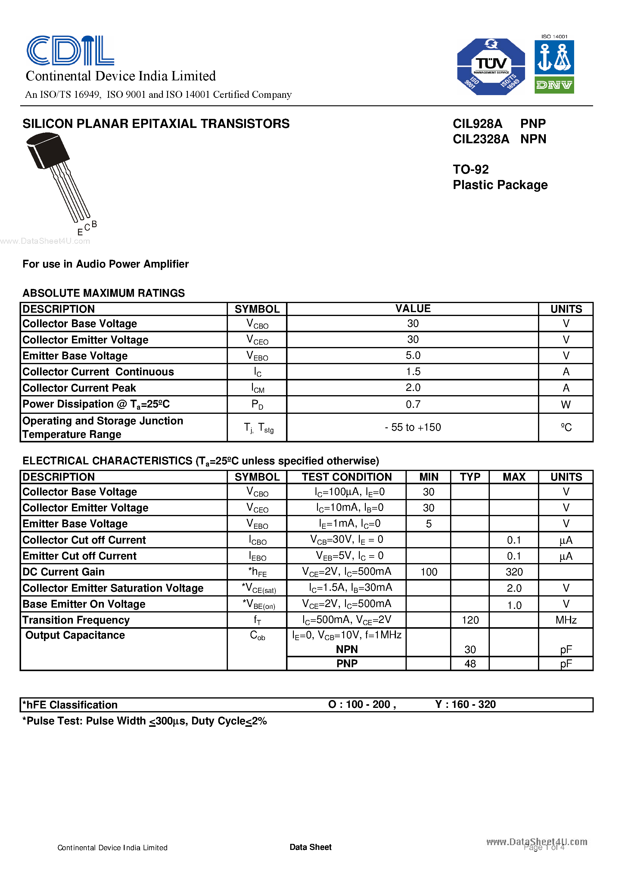 Даташит CIL2328 - (CIL928A / CIL2328) SILICON PLANAR EPITAXIAL TRANSISTORS страница 1
