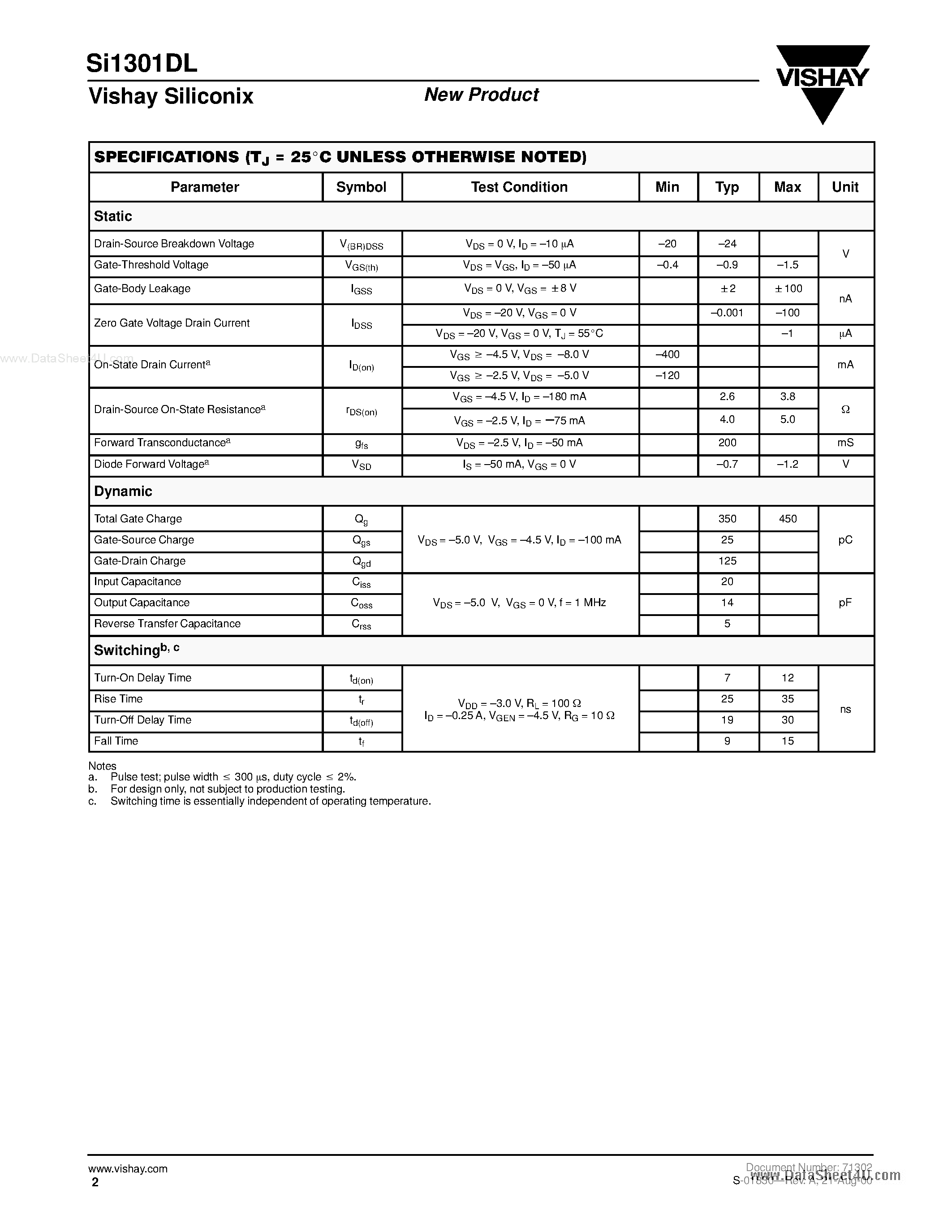 Datasheet SI1301DL - P-Channel 20-V (D-S) MOSFET page 2
