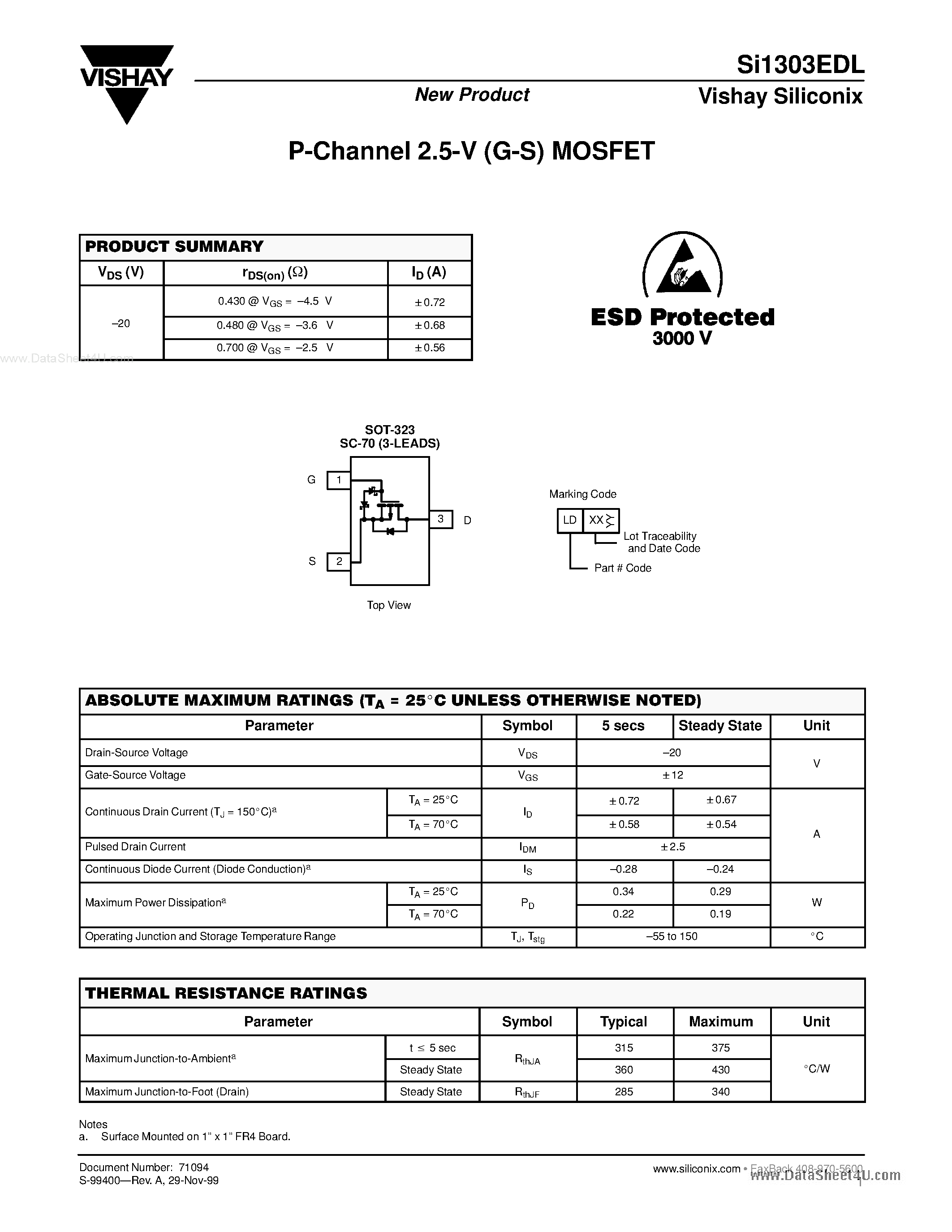Datasheet SI1303EDL - P-Channel 2.5-V (G-S) MOSFET page 1