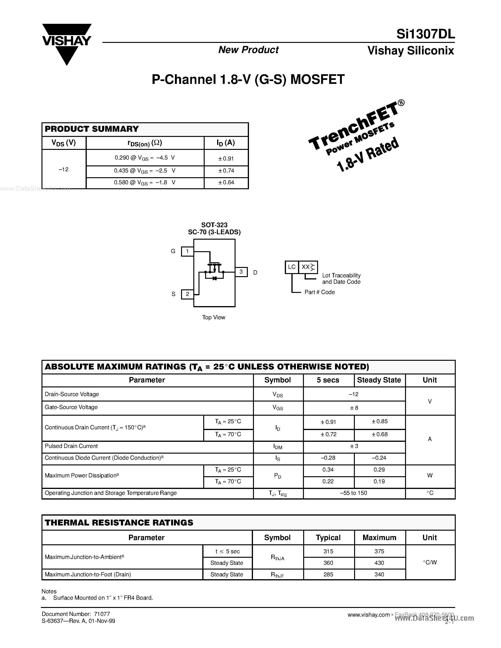 Даташит SI1307DL - P-Channel 1.8-V (G-S) MOSFET страница 1