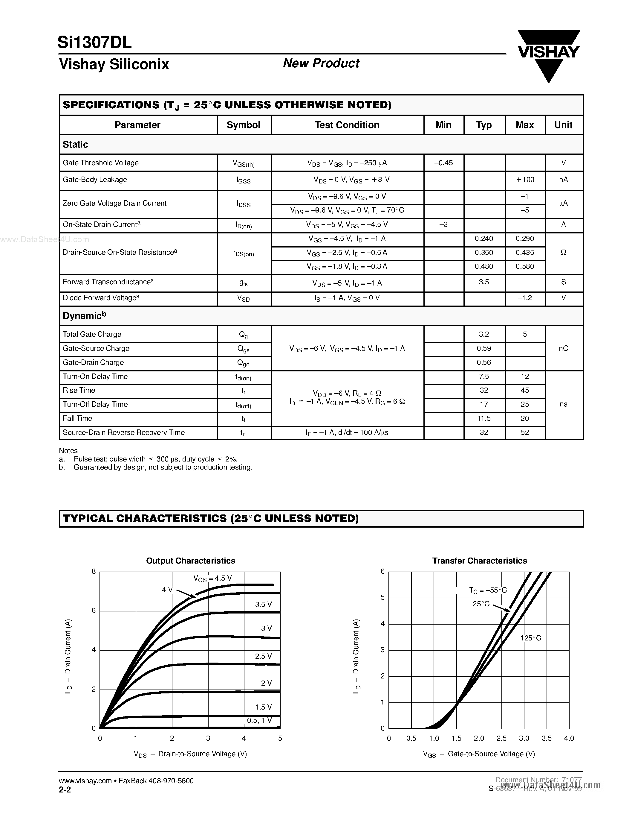 Datasheet SI1307DL page 2 Datasheet SI1307DL - P-Channel 1.8-V (G-S) MOSFET page 2