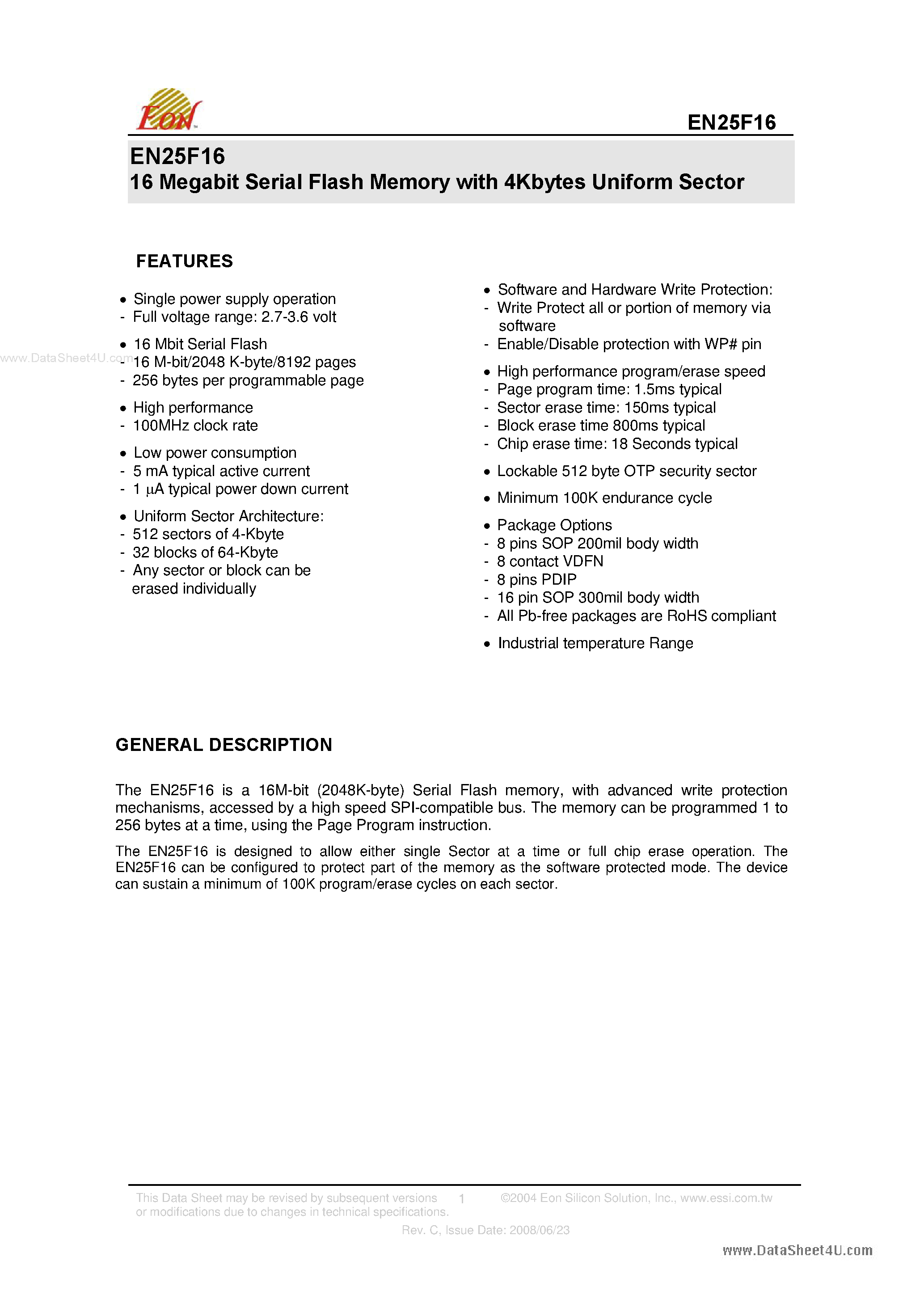 Даташит на микросхему EN25F16 страница 1 Даташит EN25F16 - 16M Serial Flash Memory страница 1