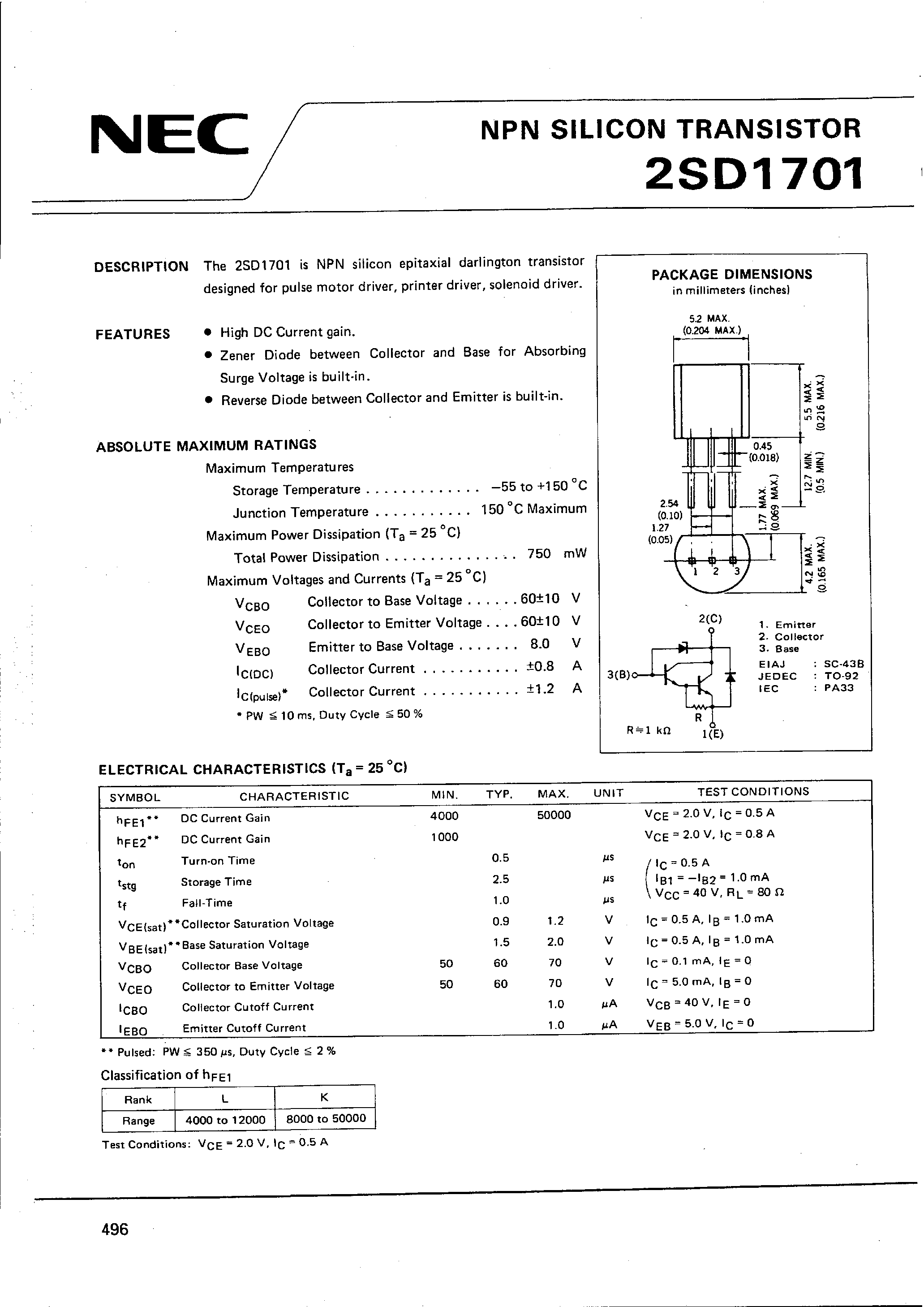 Datasheet 2SD1701 - NPN SILICON TRANSISTOR page 1