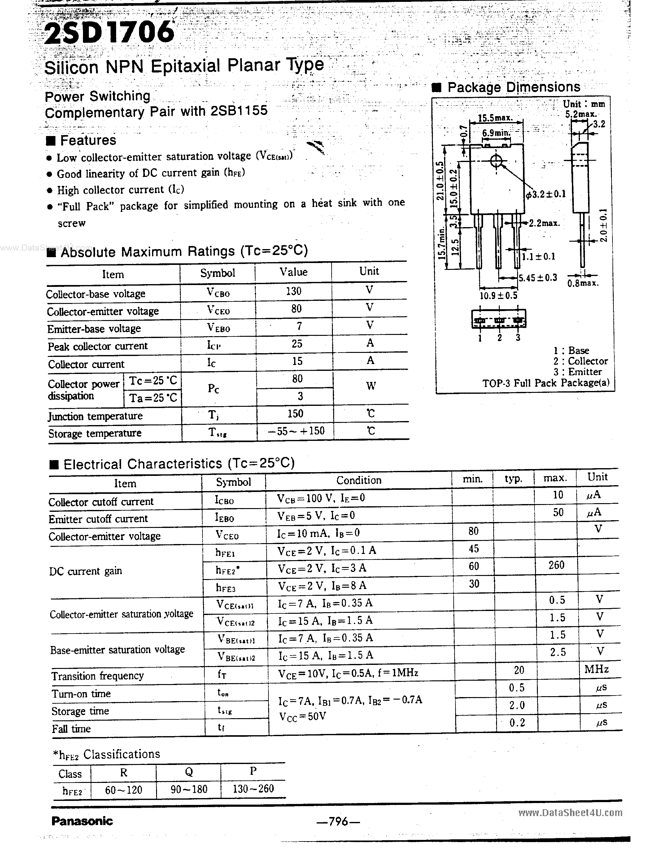 Datasheet 2SD1706 - SILICON NPN EPITAXIAL PLANAR TYPE POWER SWITCHING page 1