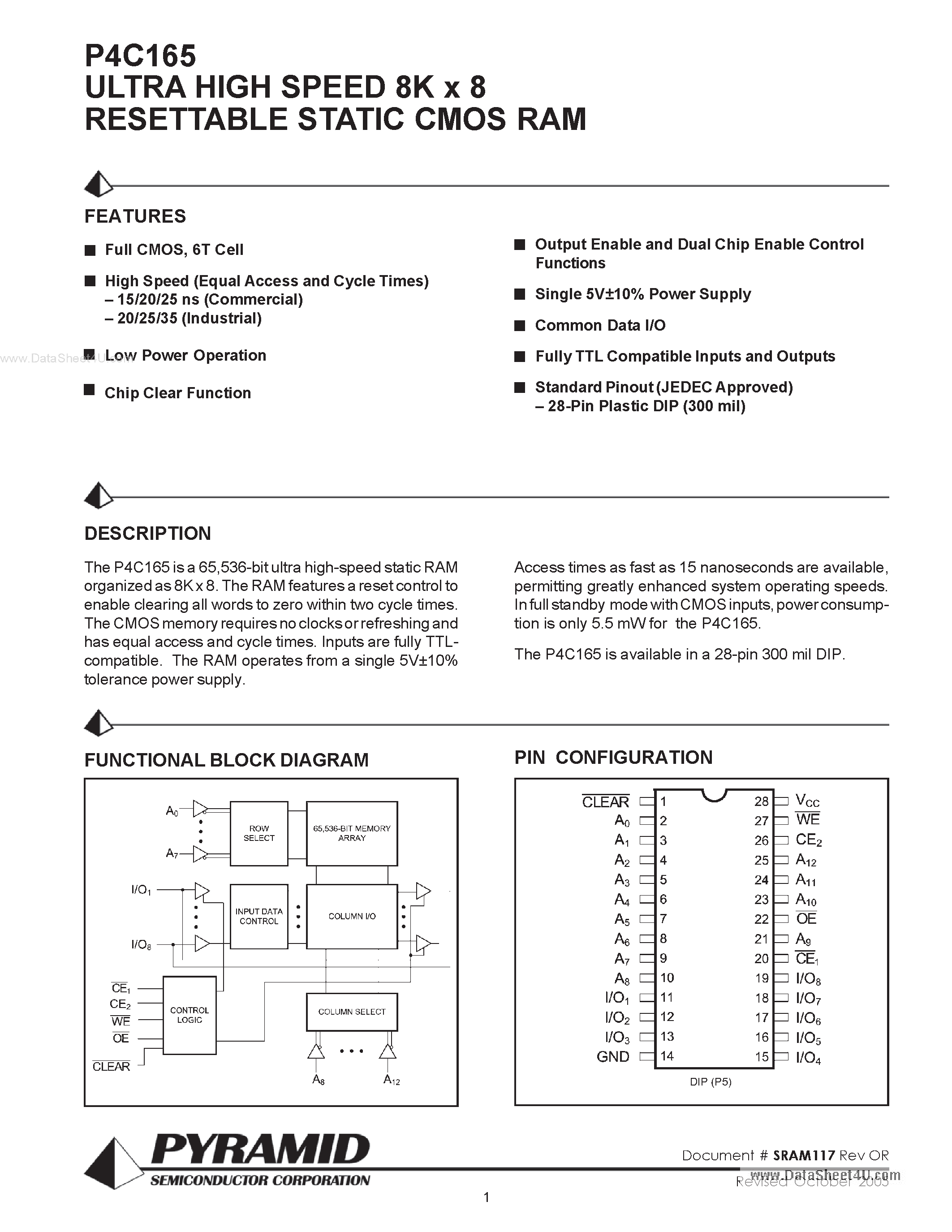 Datasheet P4C165 - ULTRA HIGH SPEED 8K x 8 RESETTABLE STATIC CMOS RAM page 1