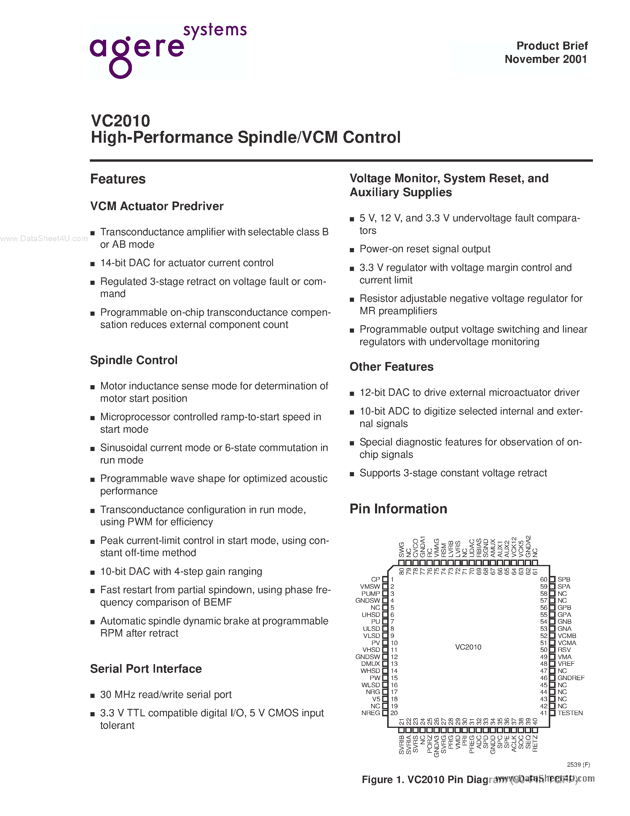 Datasheet VC2010 page 1 Datasheet VC2010 - High-performance Spindle/vcm Control page 1