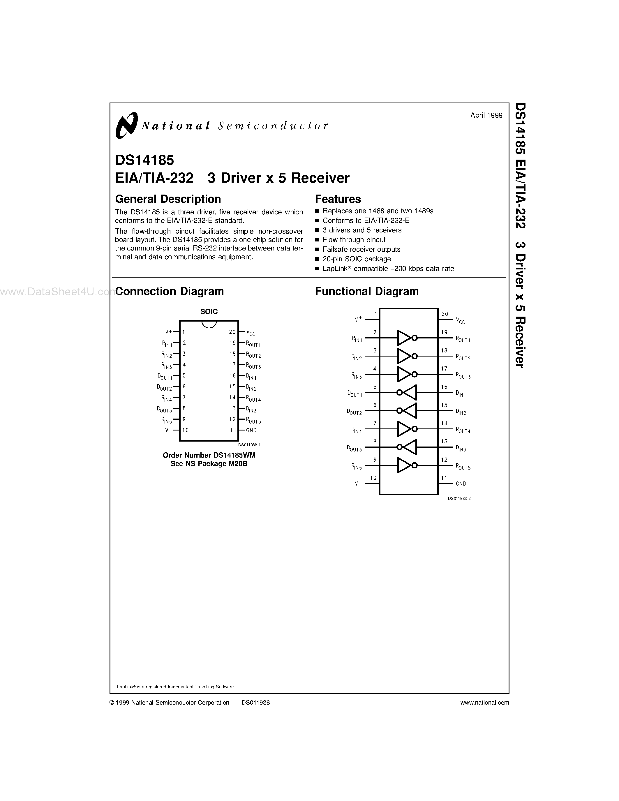 Datasheet DS14185 - EIA/TIA-232 3 Driver x 5 Receiver page 1