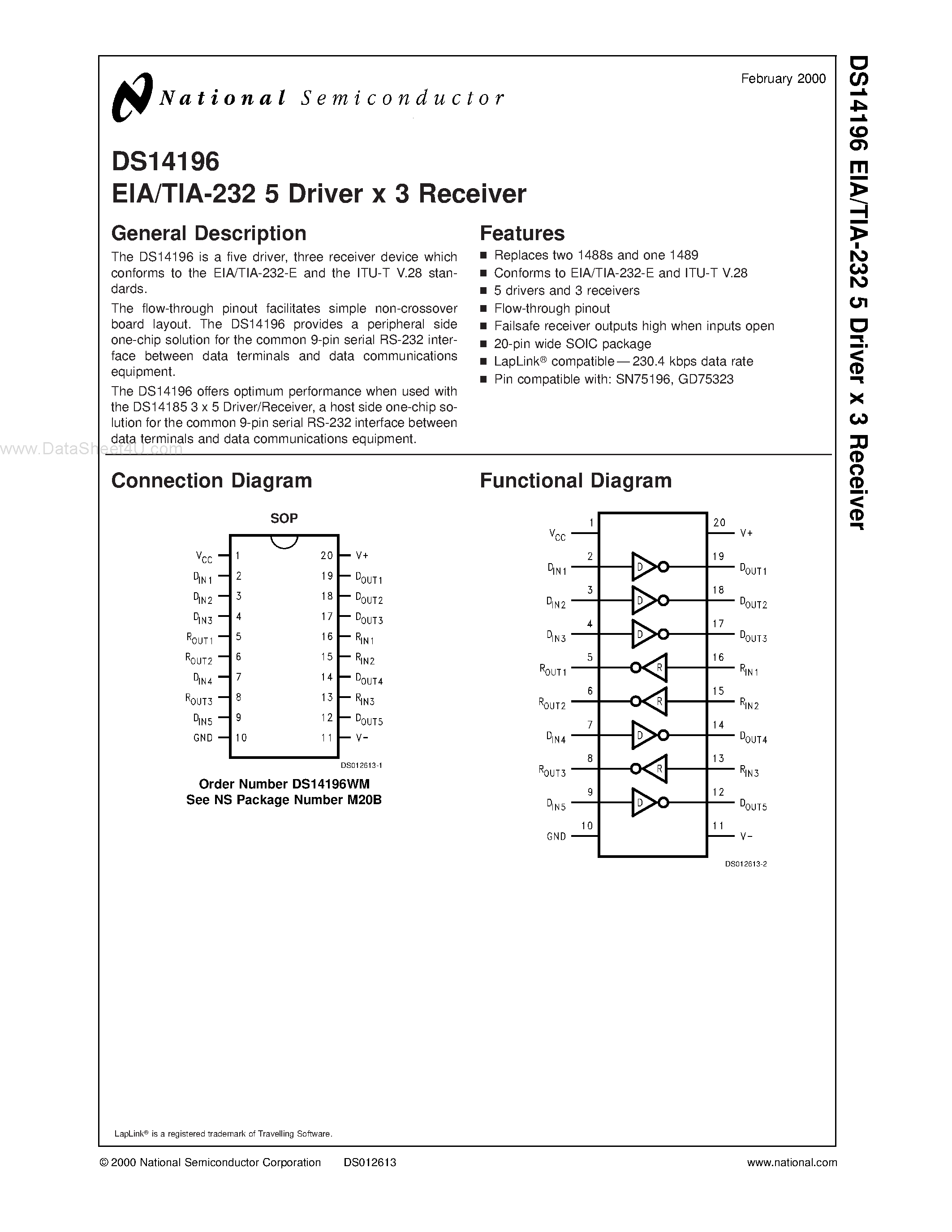 Datasheet DS14196 page 1 Datasheet DS14196 - EIA/TIA-232 5 Driver x 3 Receiver page 1