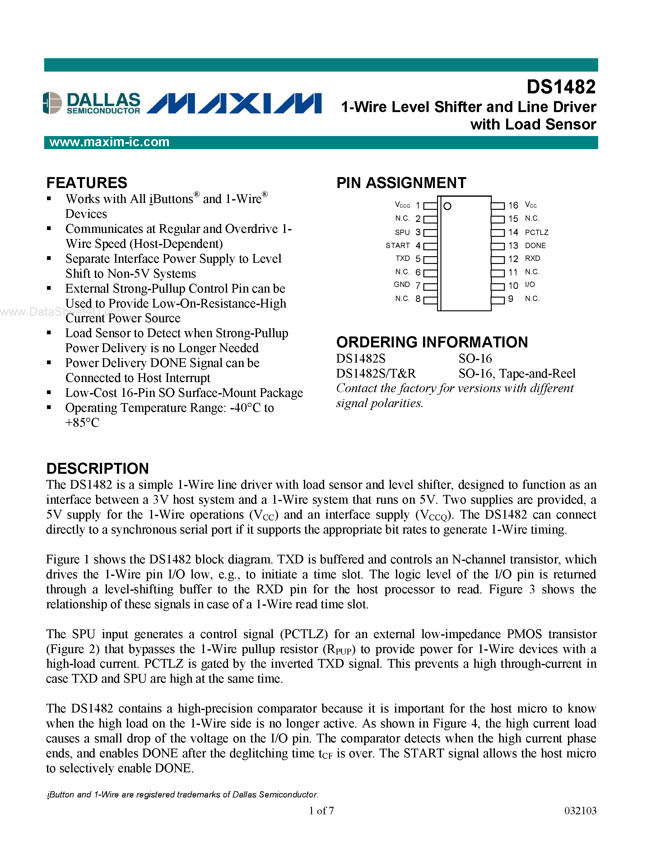 Datasheet DS1482 - 1-Wire Level Shifter and Line Driver page 1