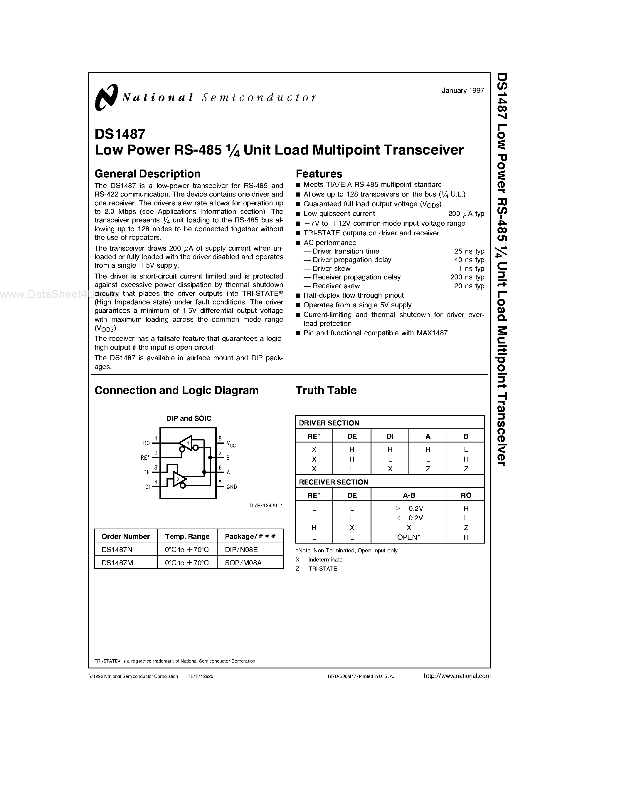 Datasheet DS1487 - Low Power RS-485 1/4 Unit Load Multipoint Transceiver page 1