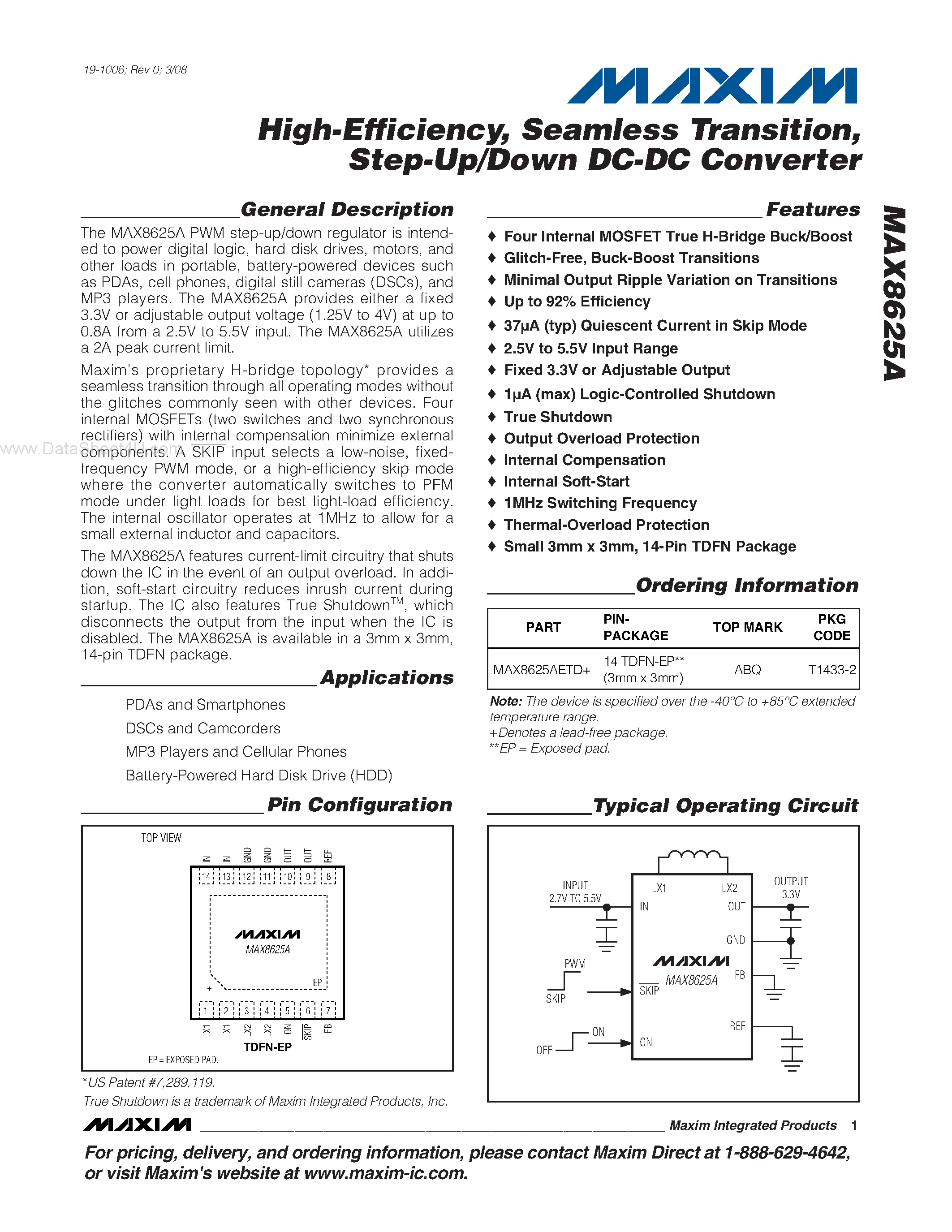 Datasheet MAX8625A - Step-Up/Down DC-DC Converter page 1