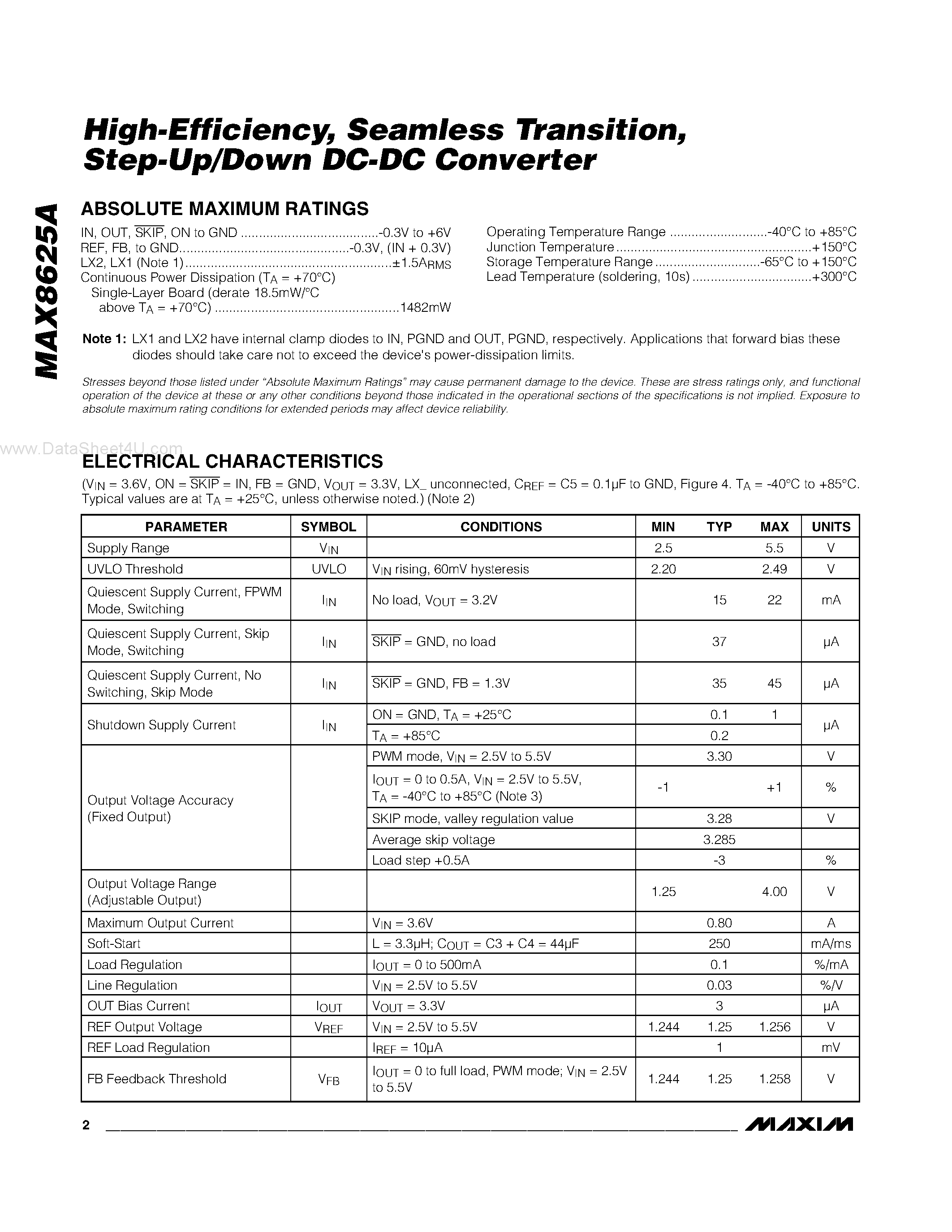 Datasheet MAX8625A - Step-Up/Down DC-DC Converter page 2