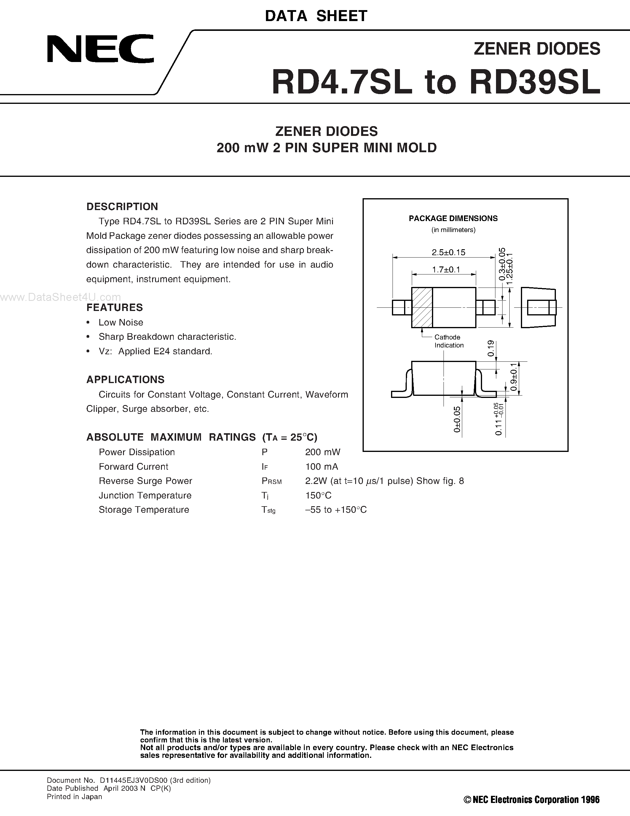 Даташит на микросхему RD7.5SL страница 1 Даташит RD7.5SL - ZENER DIODES страница 1