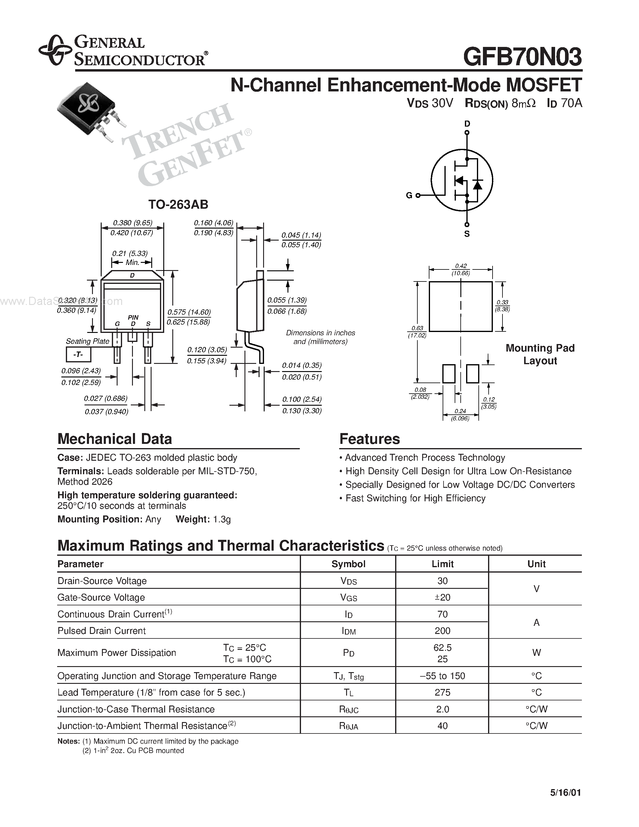 Datasheet 70N03 - N-channel Enhancement-mode MOSFET page 1