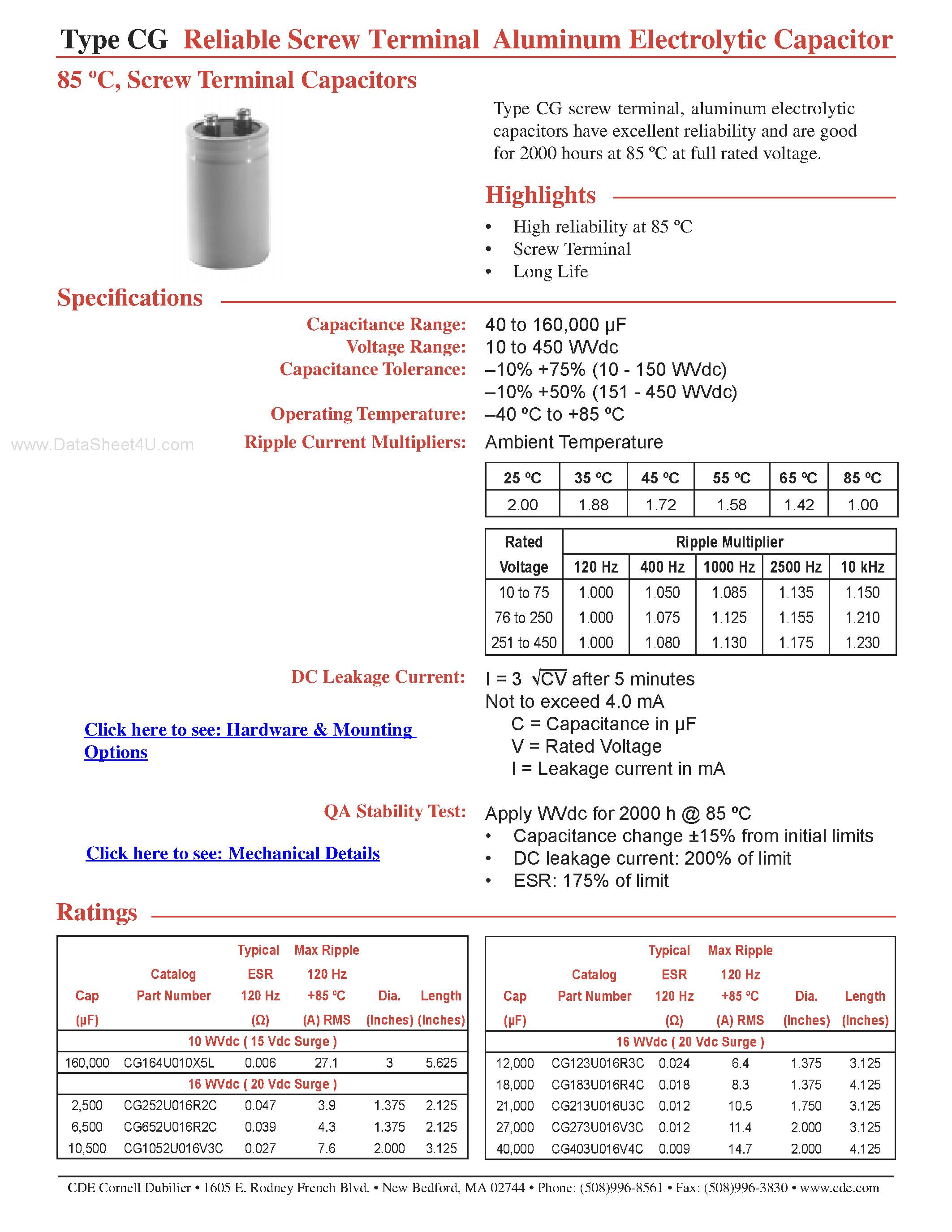 Даташит CG751T200V3C - Reliable Screw Terminal Aluminum Electrolytic Capacitor страница 1