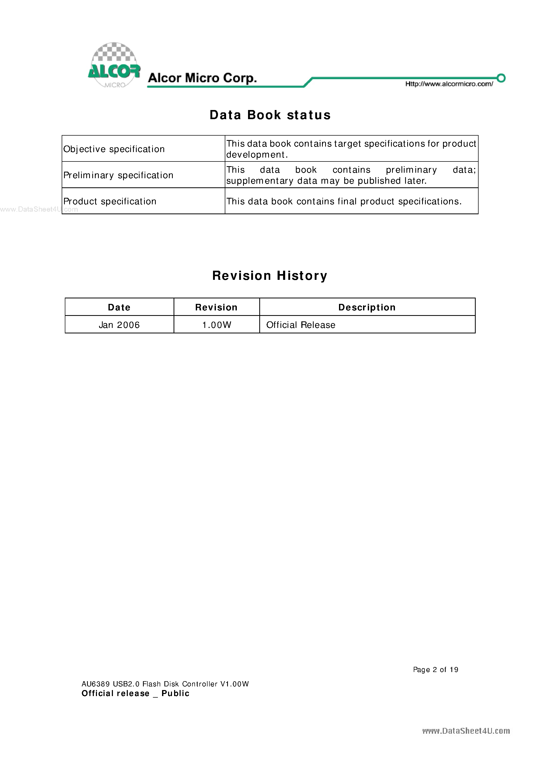 Datasheet AU6389 page 2 Datasheet AU6389 - USB2.0 Flash Disk Controller page 2