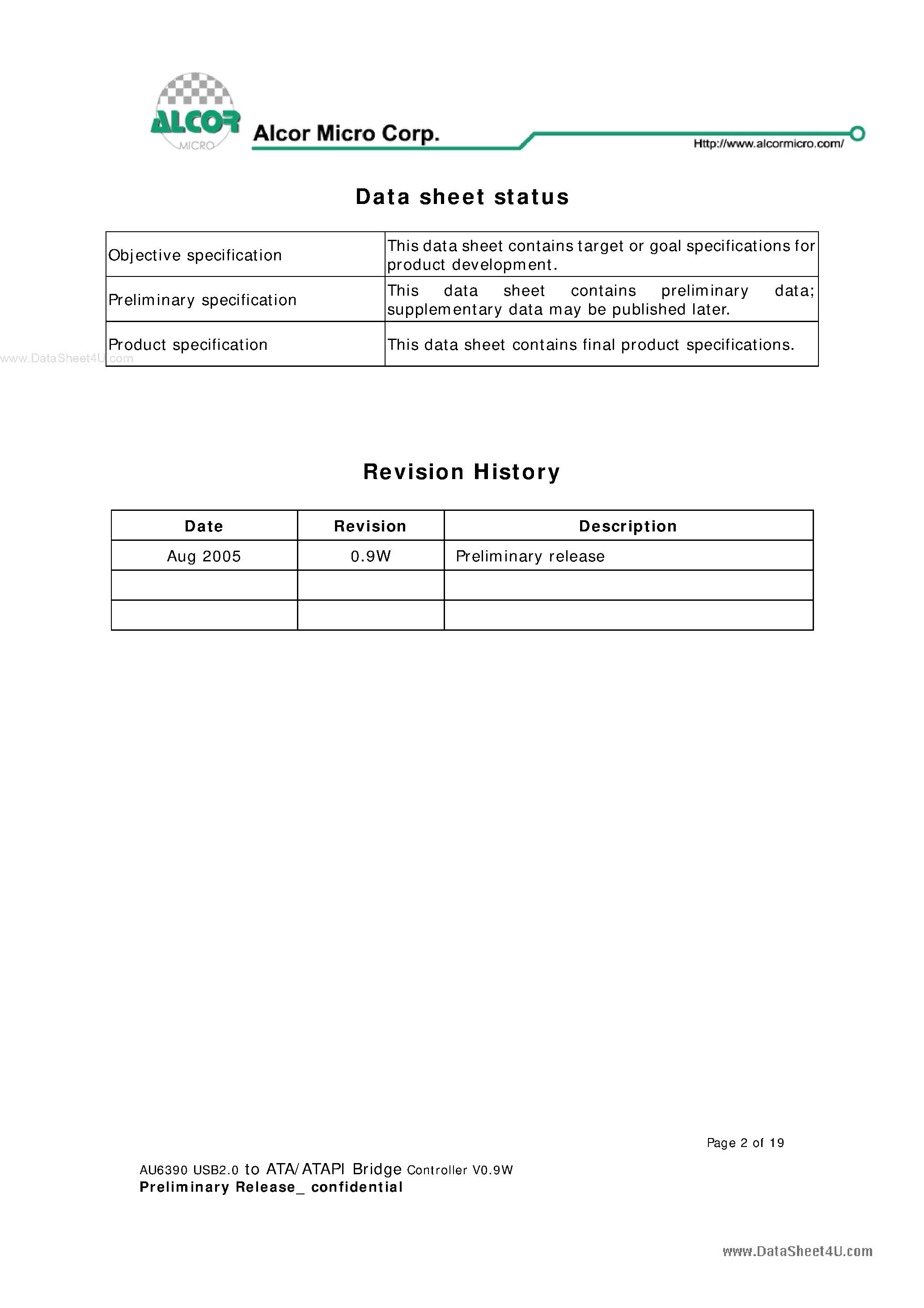 Datasheet AU6390 page 2 Datasheet AU6390 - USB2.0 to ATA/ATAPI Bridge Controller page 2