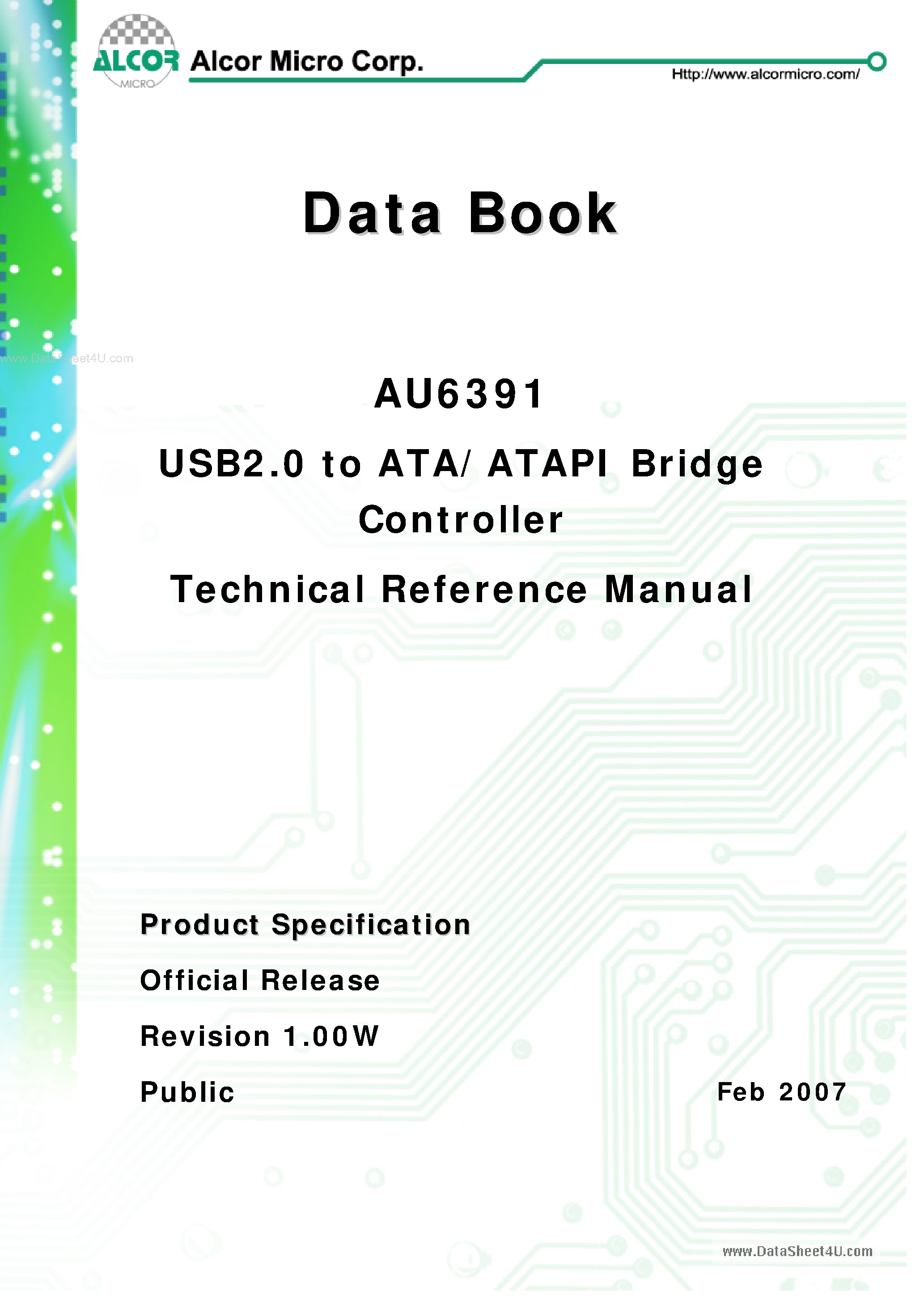 Datasheet AU6391 - USB2.0 to ATA/ATAPI Bridge Controller page 1