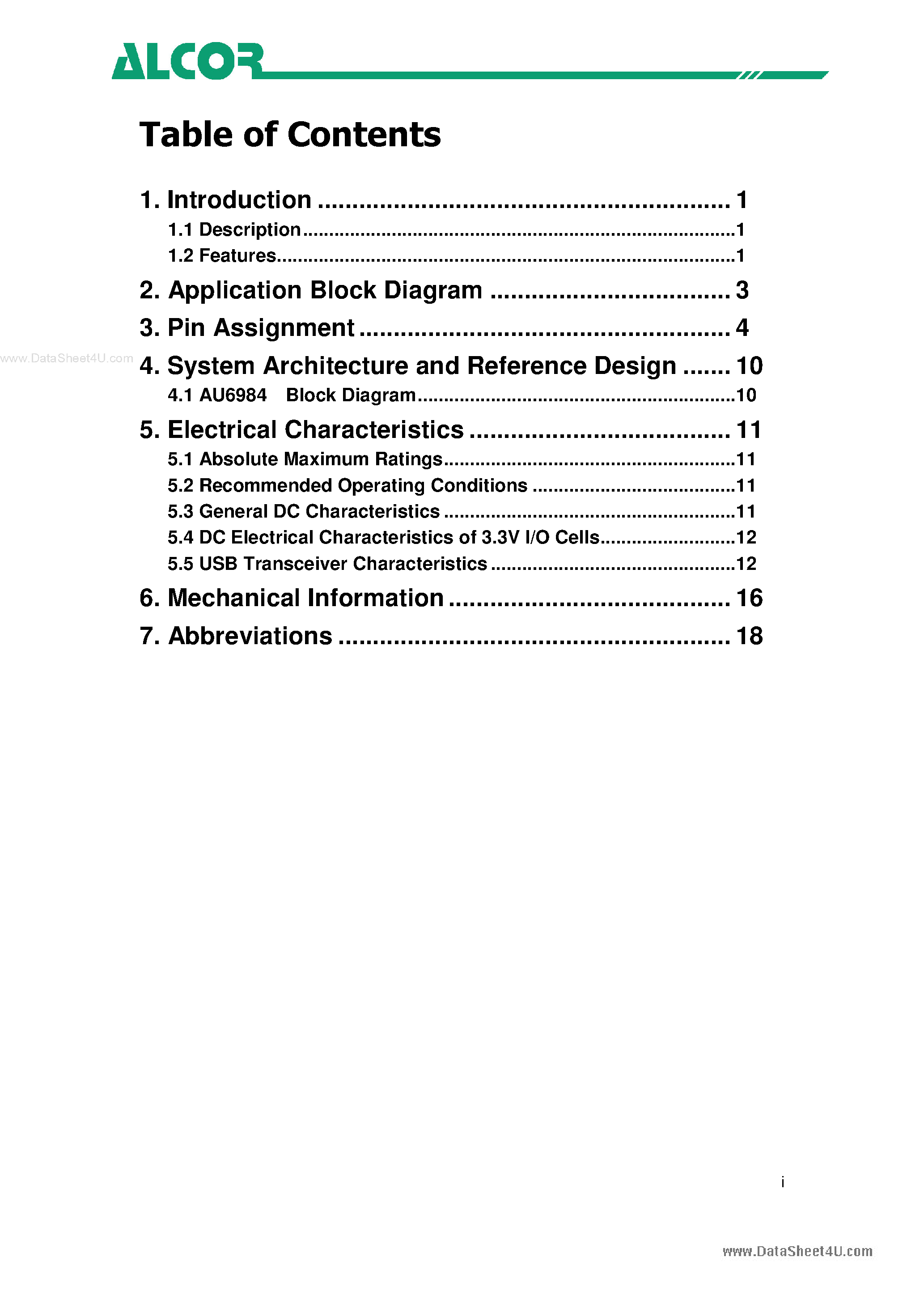 Datasheet AU6984 page 2 Datasheet AU6984 - USB2.0 Universal Flash Disk Controller page 2