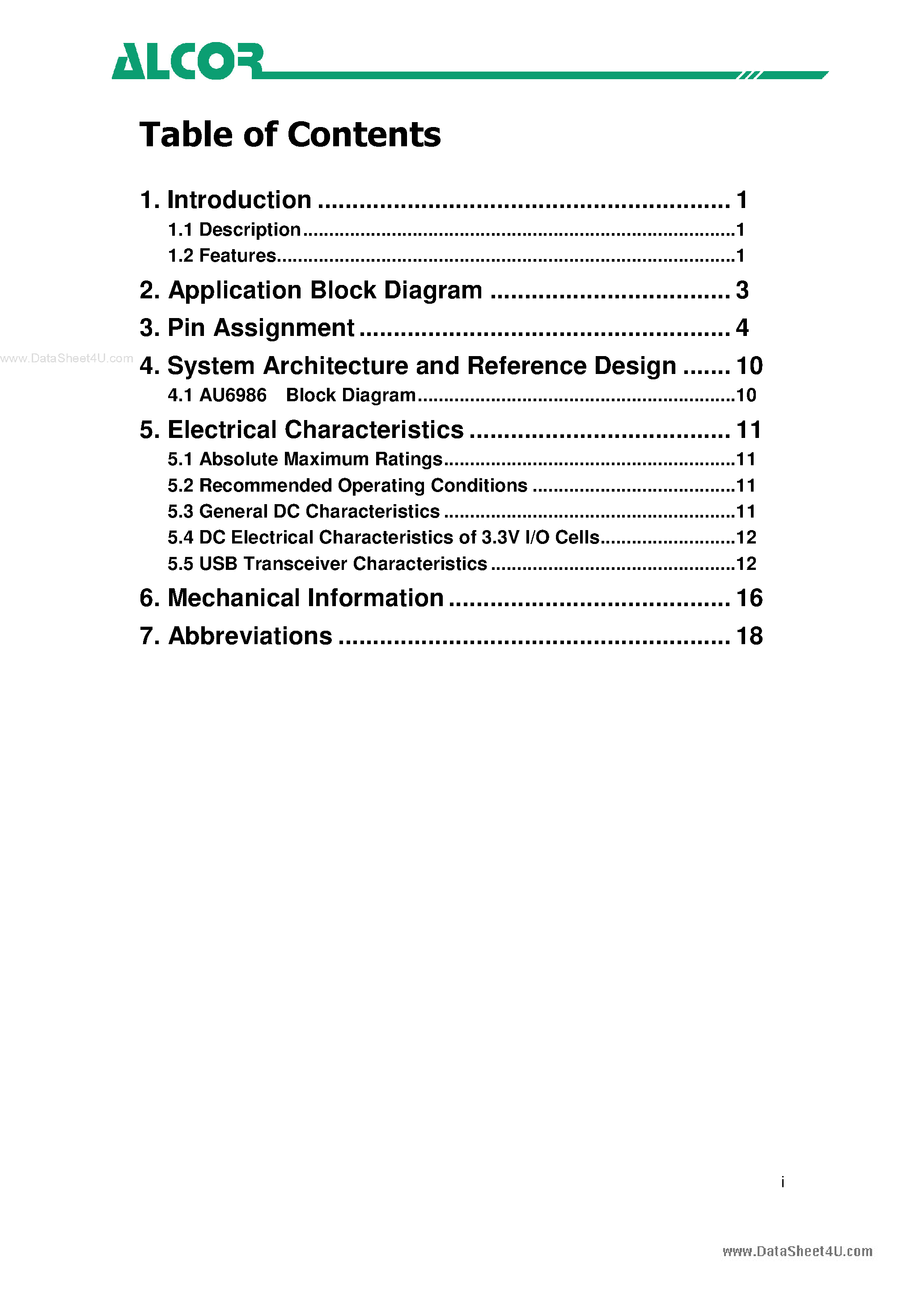 Datasheet AU6986 page 2 Datasheet AU6986 - USB2.0 Universal Flash Disk Controller page 2