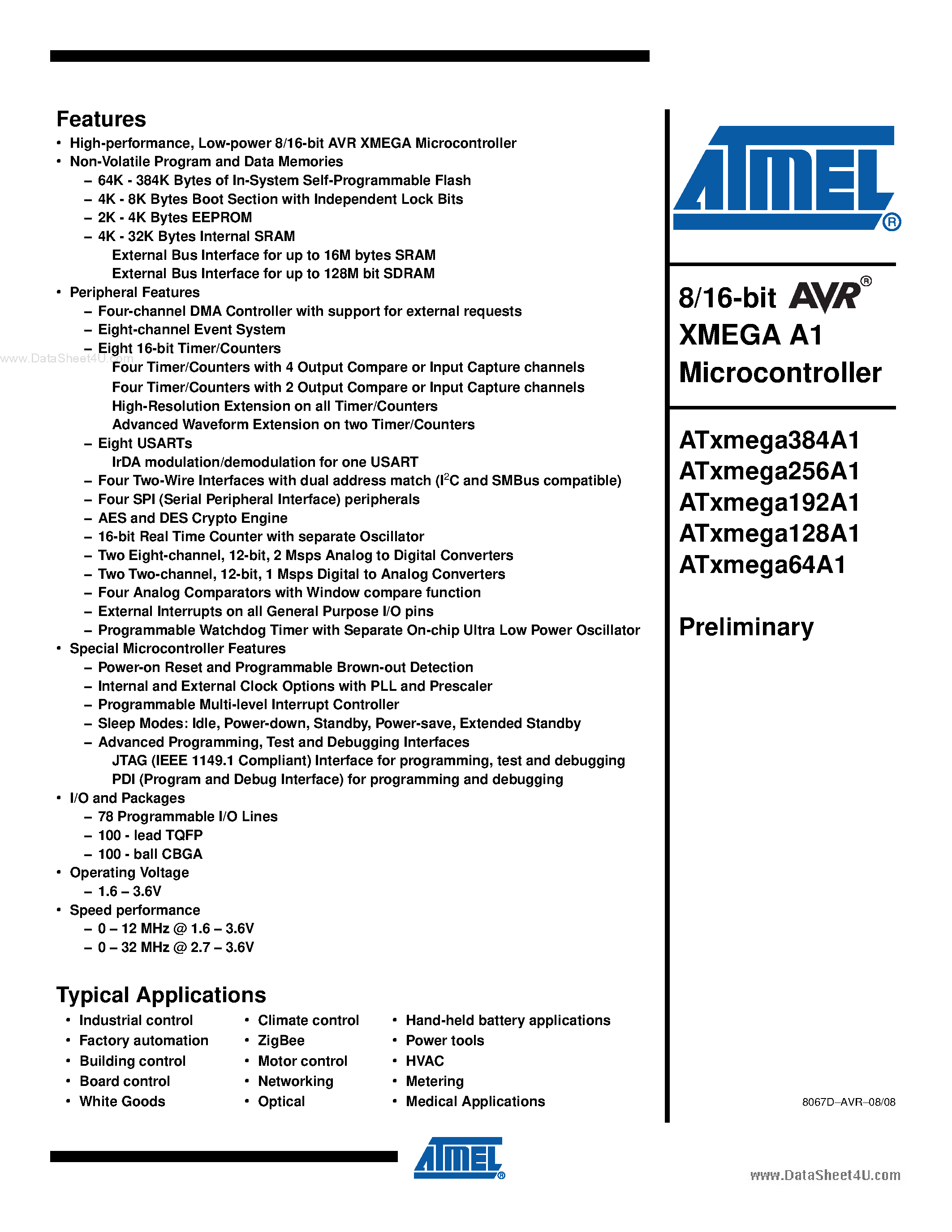 Даташит ATxMEGA128A1 - (ATxMEGAxxxA1) 8/16-bit XMEGA A1 Microcontroller страница 1