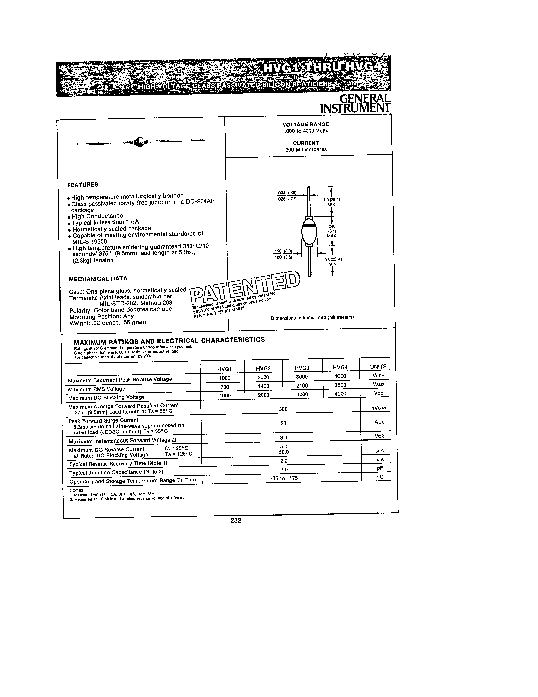 Datasheet HVG1 page 1 Datasheet HVG1 - (HVG1 - HVG4) HIGH VOLTAGE GLASS PASSIVATED SILICON RECTIFIERS page 1
