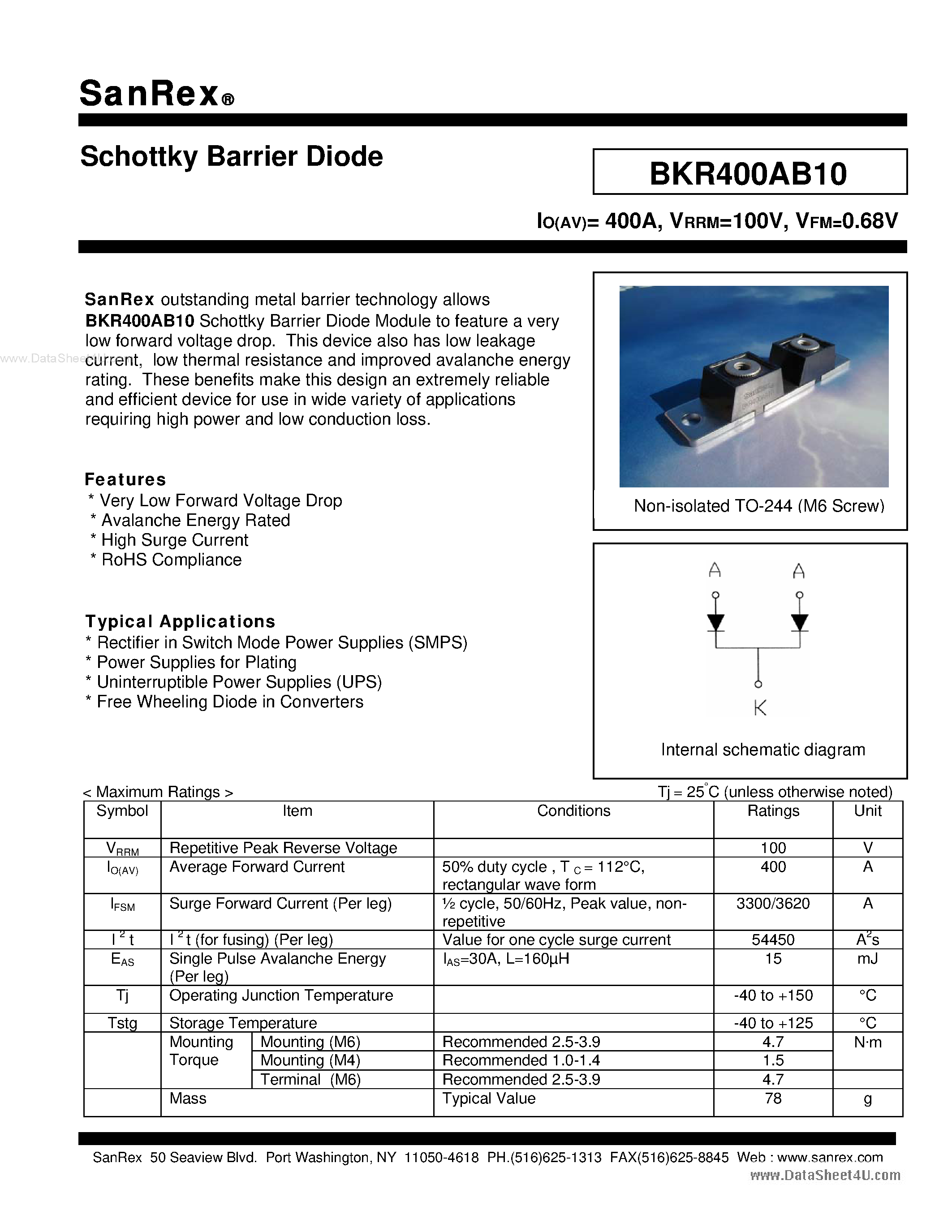 Datasheet BKR400AB10 page 1 Datasheet BKR400AB10 - Schottky Barrier Diode page 1