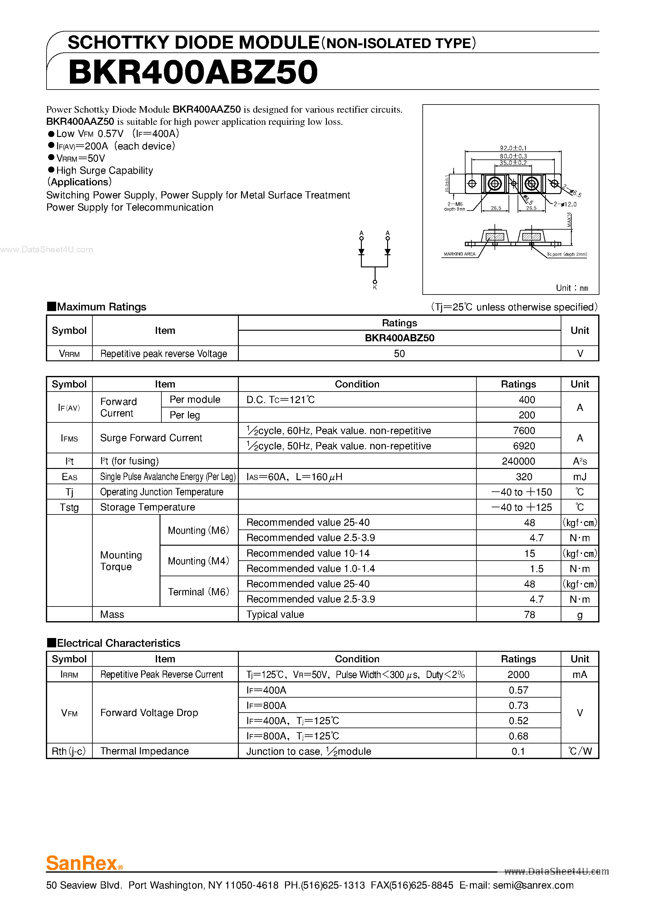 Datasheet BKR400ABZ50 page 1 Datasheet BKR400ABZ50 - SCHOTTKY DIODE MODULE page 1