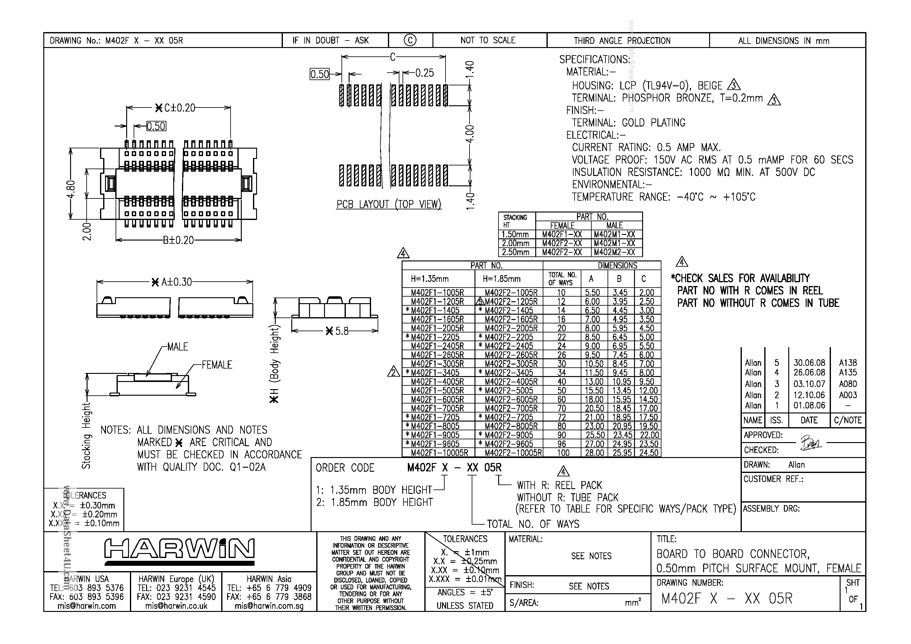 Datasheet M402F2-8005R - 0.5mm Pitch DIL Vertical SMT Female Assembly page 1