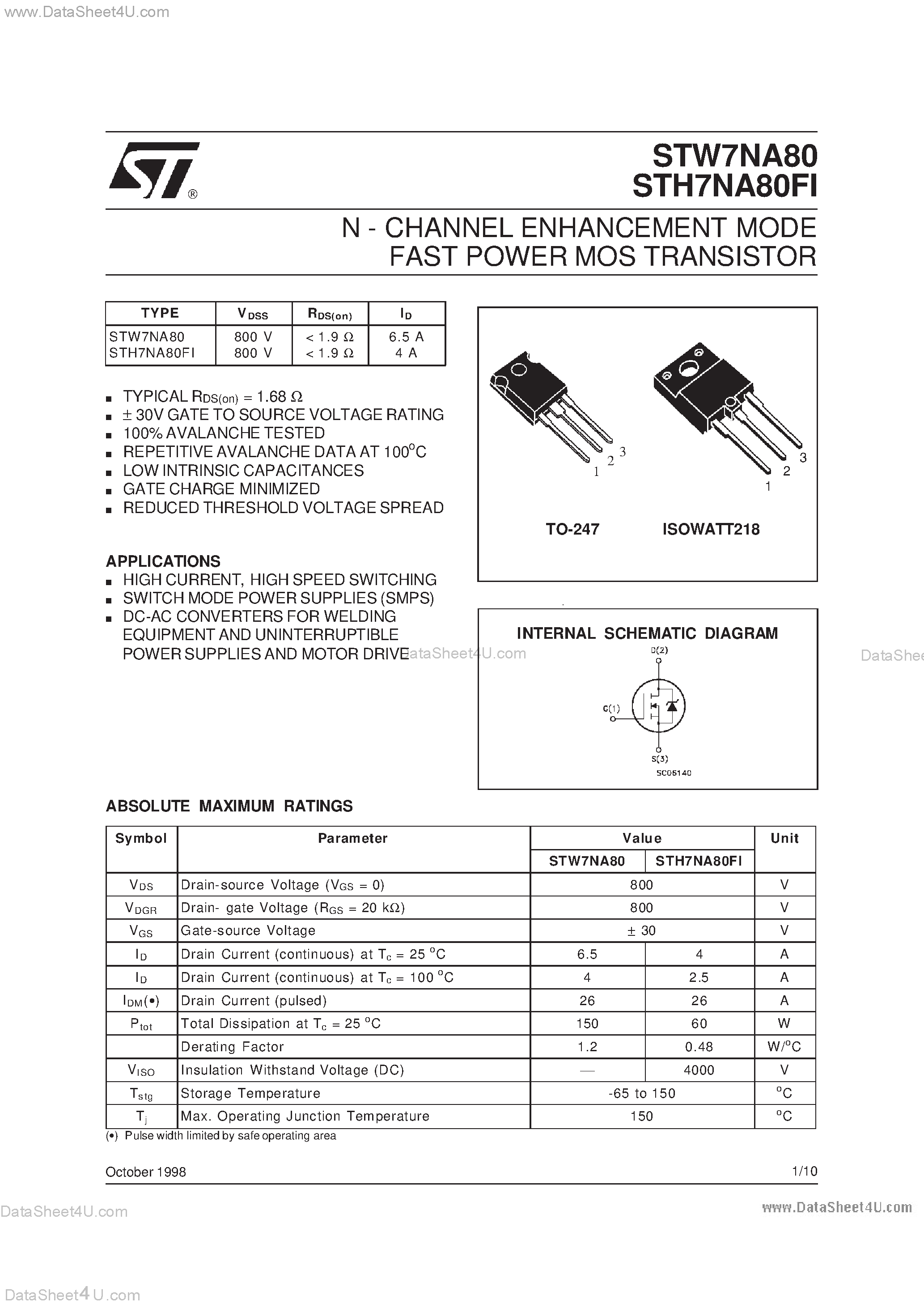 Datasheet STH7NA80 - N - CHANNEL ENHANCEMENT MODE FAST POWER MOS TRANSISTOR page 1