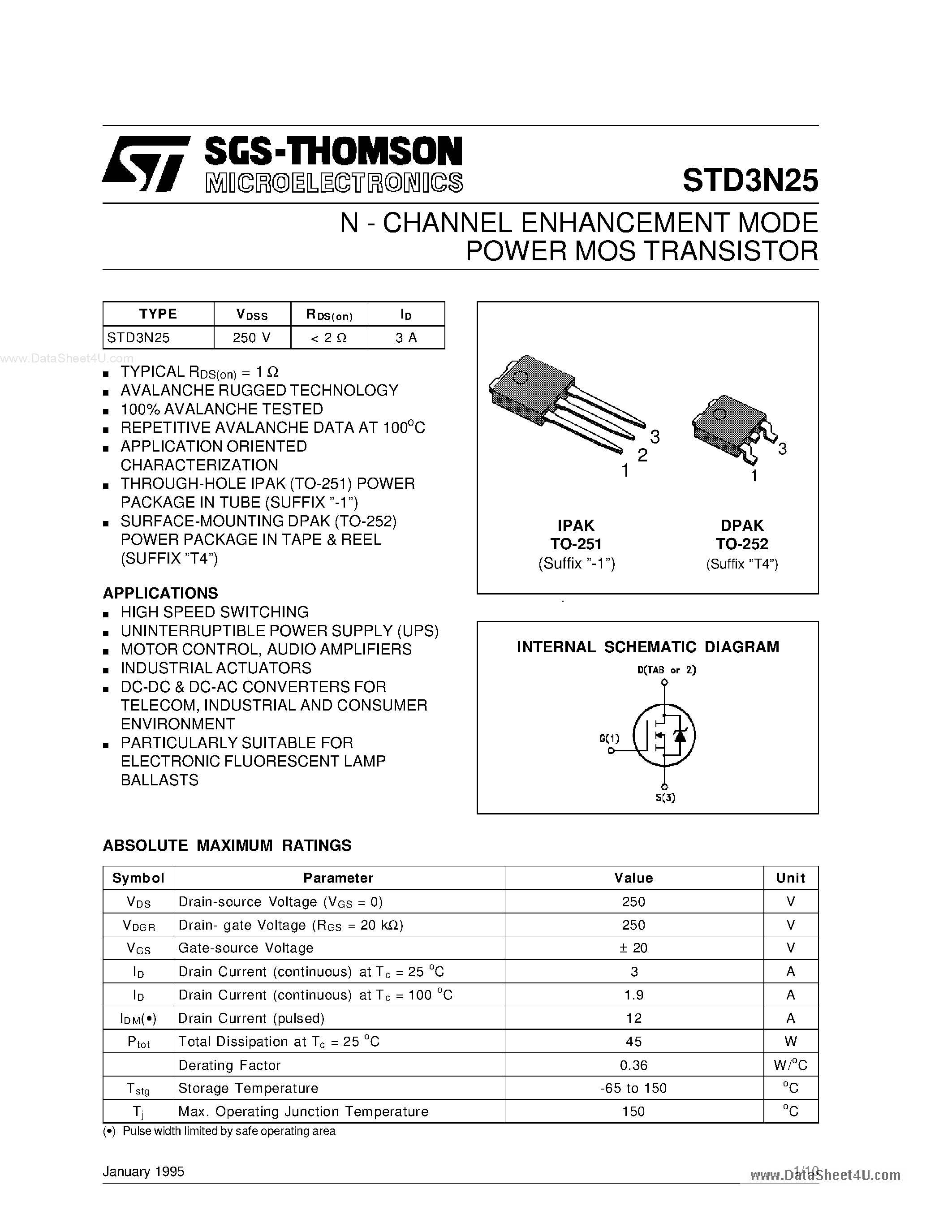 Даташит STD3N25 - N-CHANNEL ENHANCEMENT MODE POWER MOS TRANSISTOR страница 1