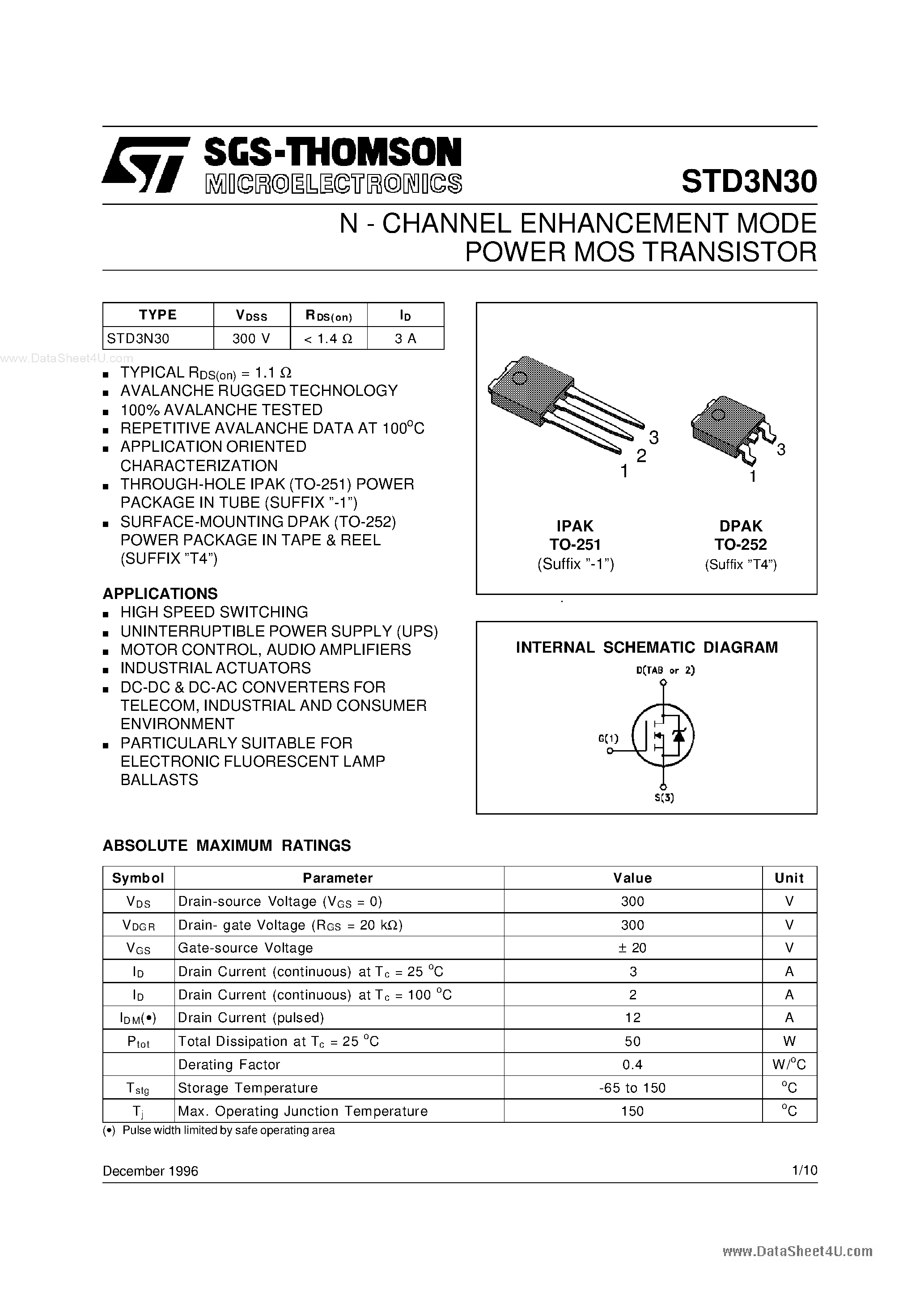 Datasheet STD3N30 page 1 Datasheet STD3N30 - N-CHANNEL ENHANCEMENT MODE POWER MOS TRANSISTOR page 1